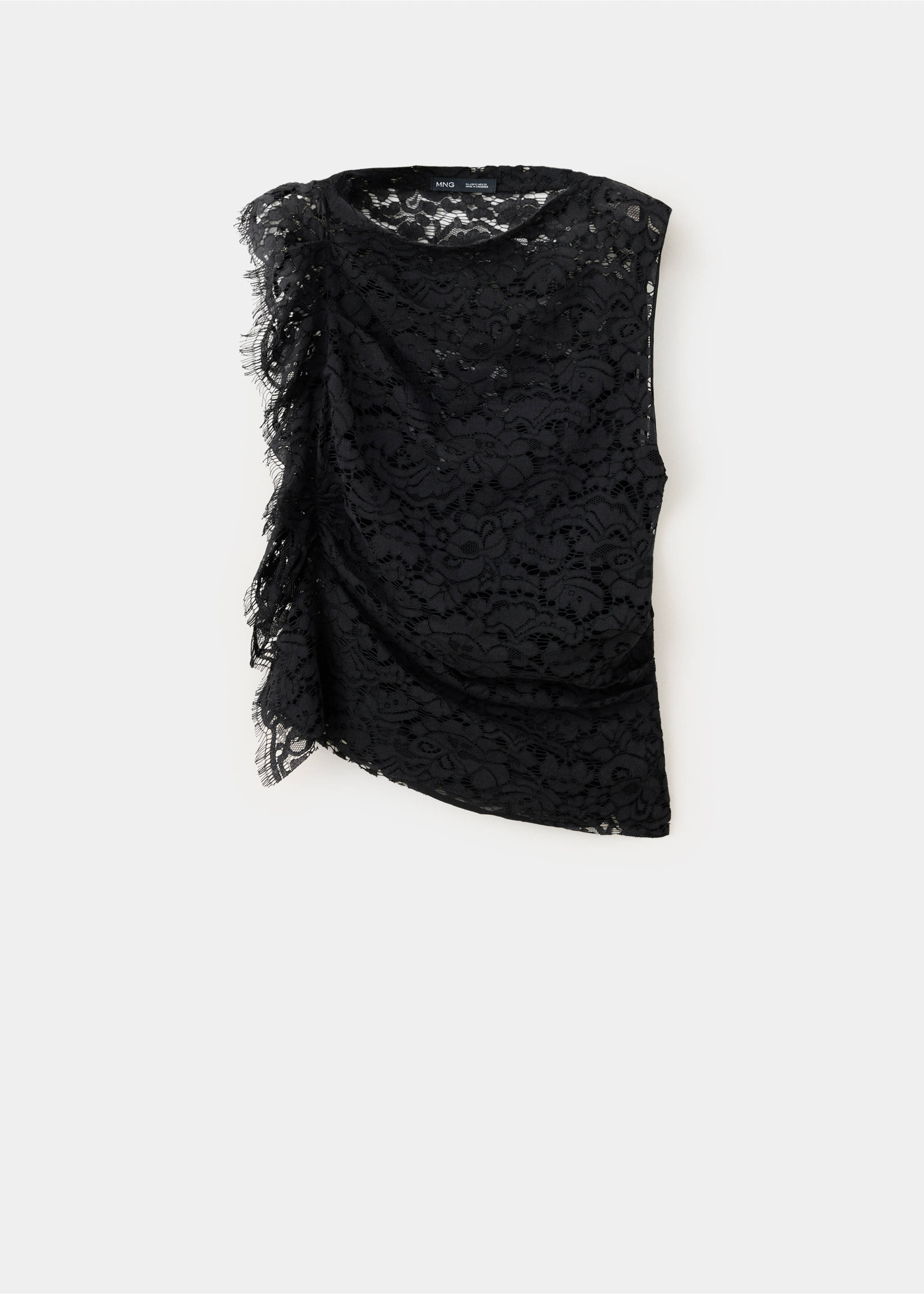 Black sleeveless lace top with a round neckline and asymmetrical ruffle trim., Black. Ref: 37049122-00.