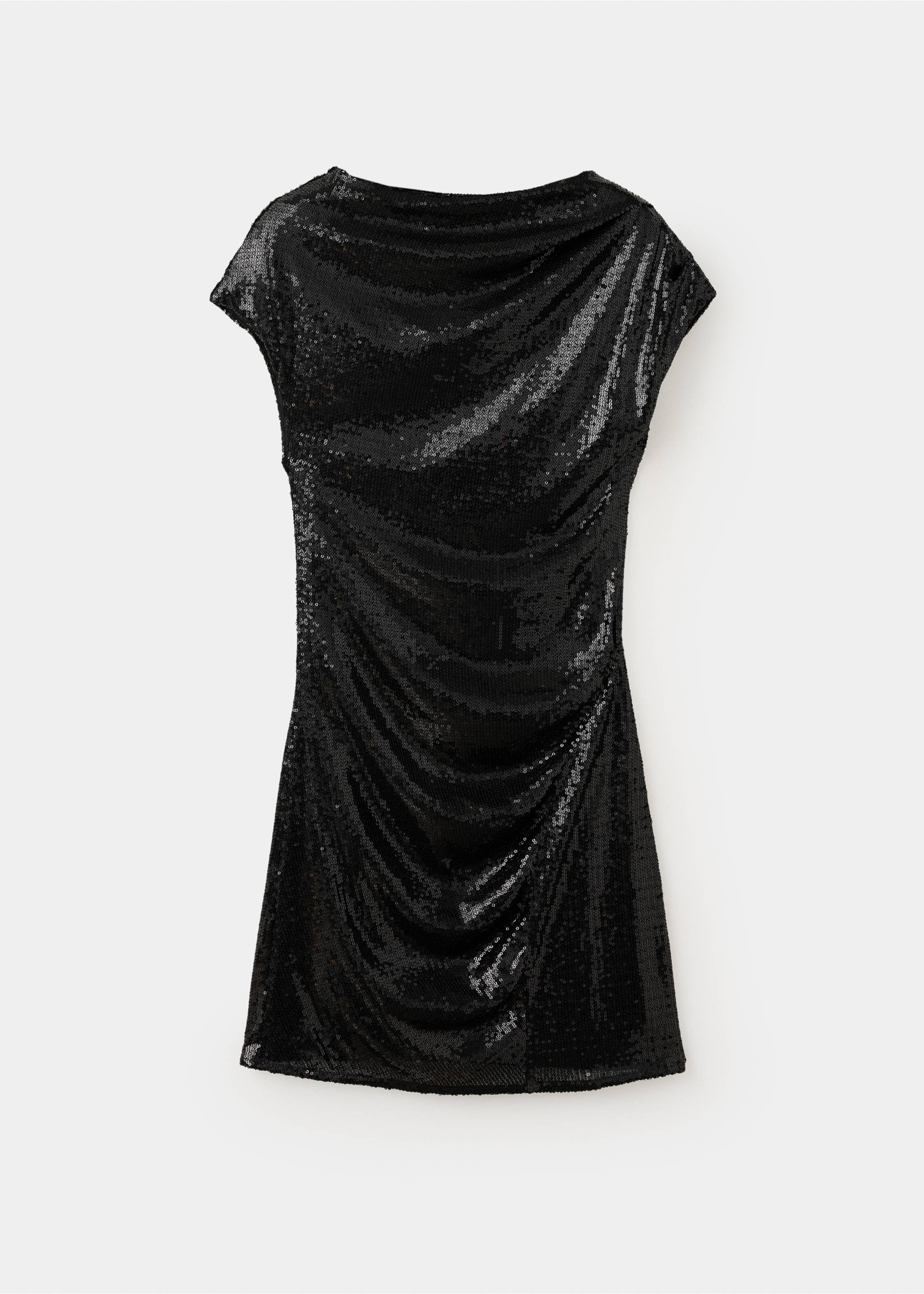 Black sequinned short dress with a cowl neckline and cap sleeves., Black. Ref: 37049124-00.