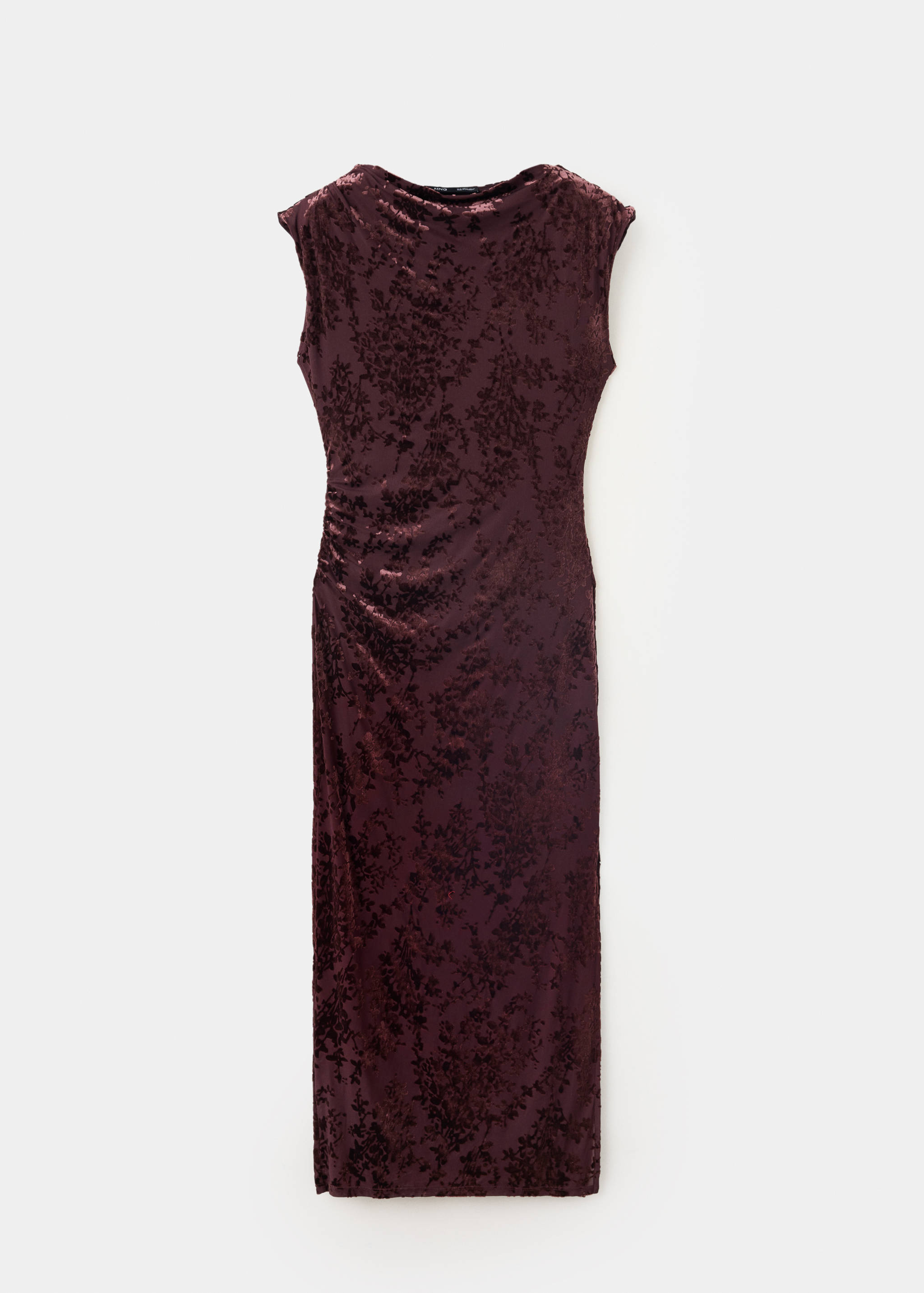 Vestido midi floral de terciopelo en burdeos con cuello desbocado.
