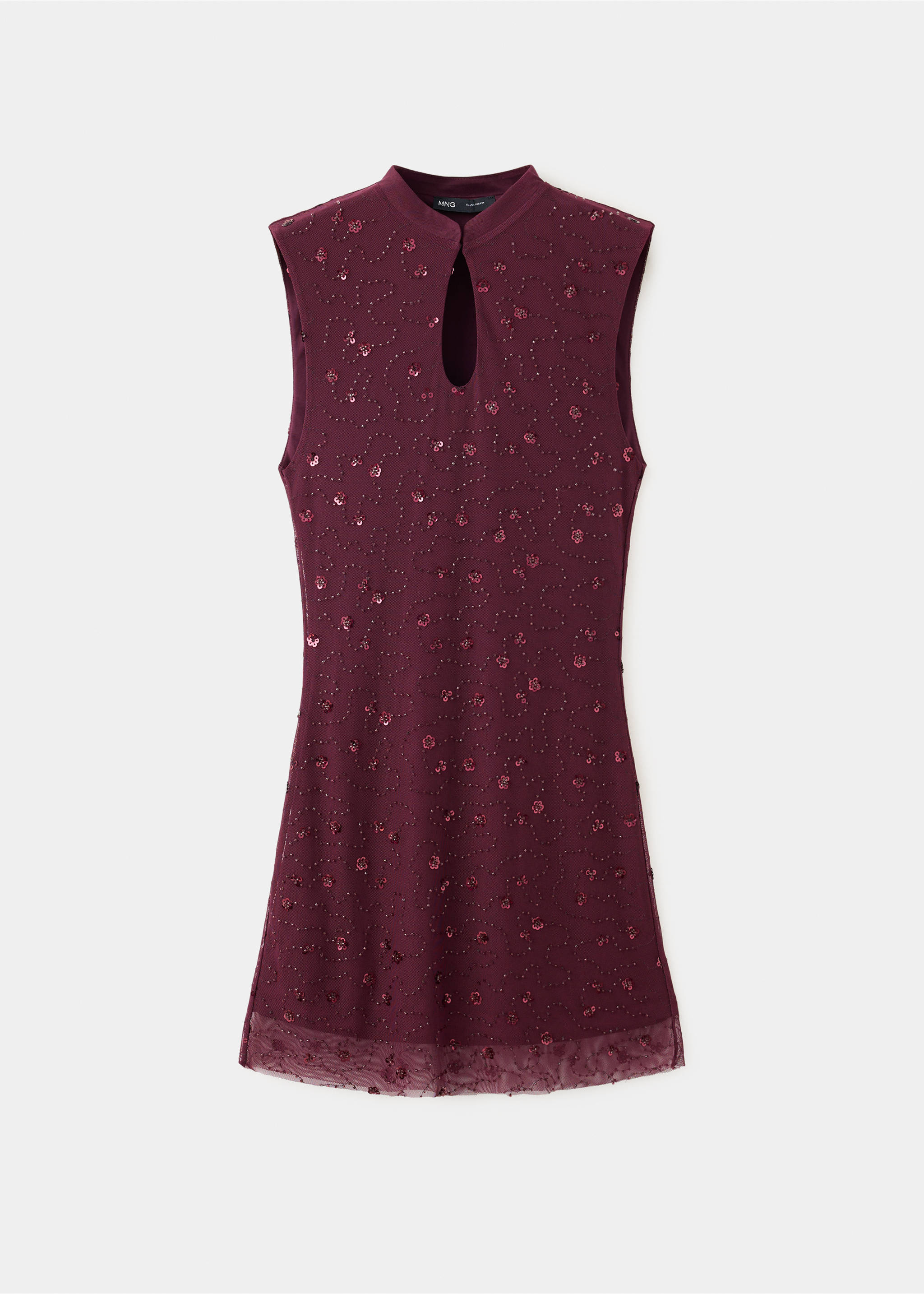 Maroon sleeveless dress with high collar, keyhole cut-out, and sequin beading., Burgundy. Ref: 37049126-00.