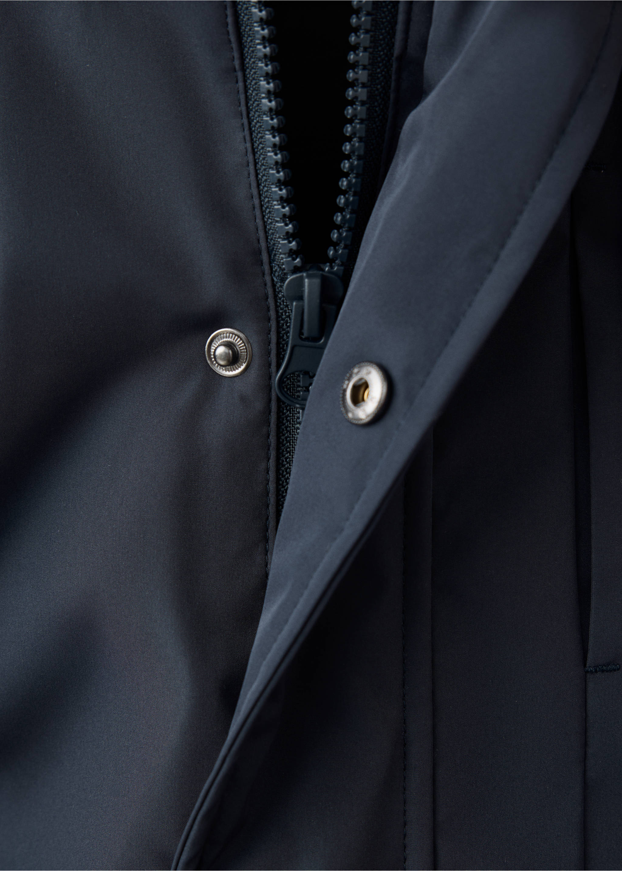 Close-up of a dark navy anorak showing the front zip and press-stud placket., Dark Navy. Ref: 37049128-00.