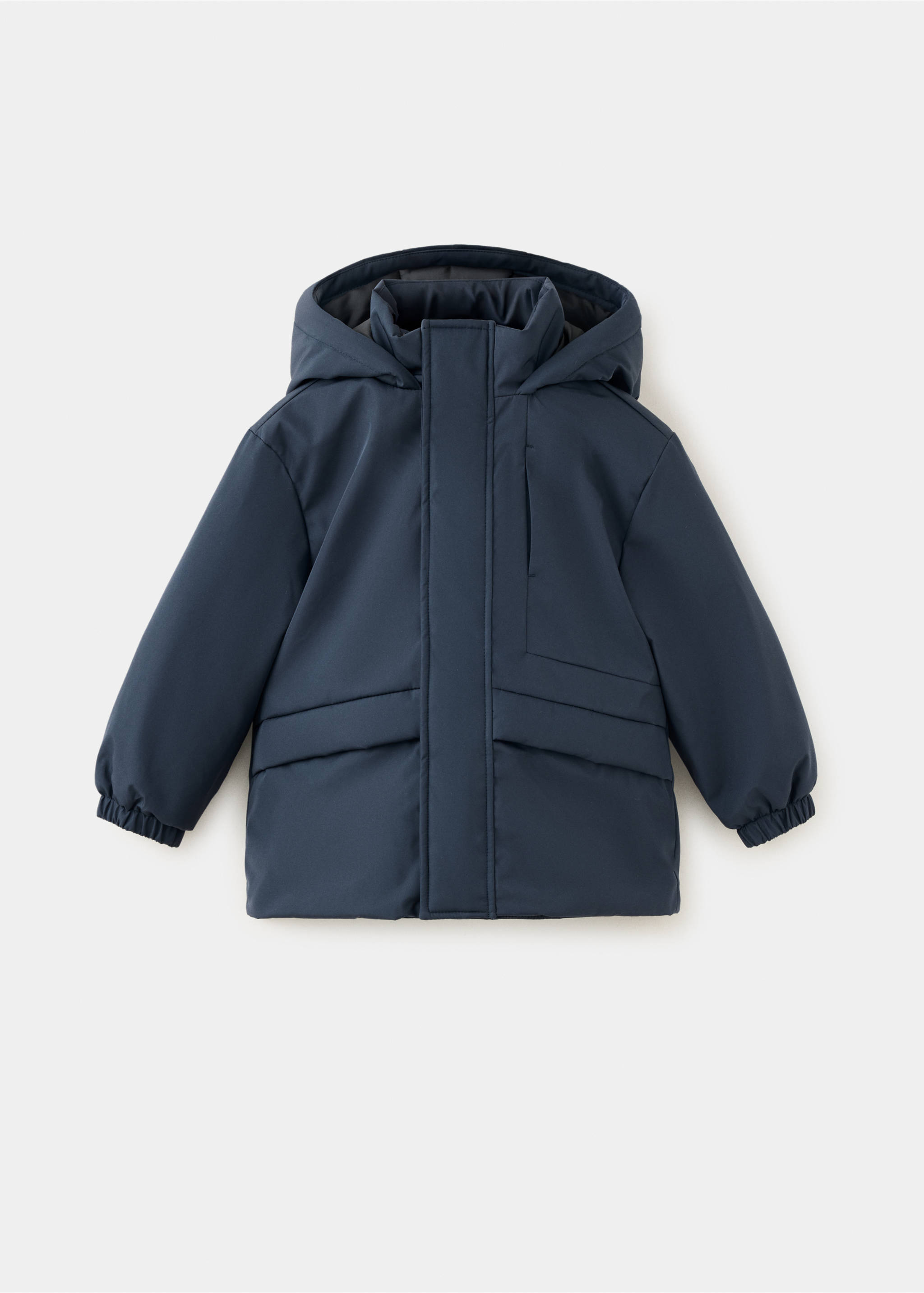Navy blue kids' hooded anorak with padded design and front pockets., Dark Navy. Ref: 37049128-00.