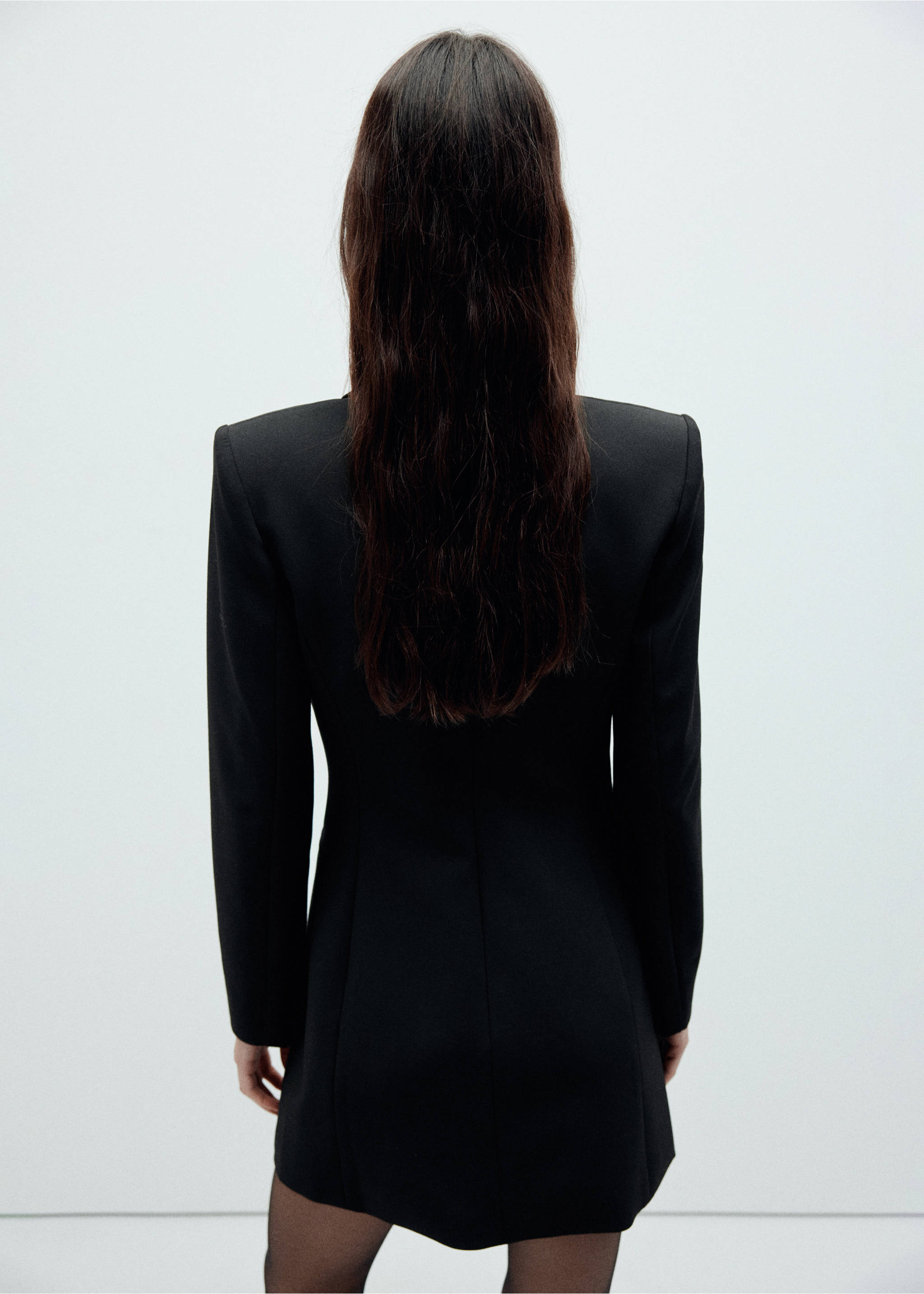 Back view of a black short structured-shoulder dress., Black. Ref: 37049131-00.