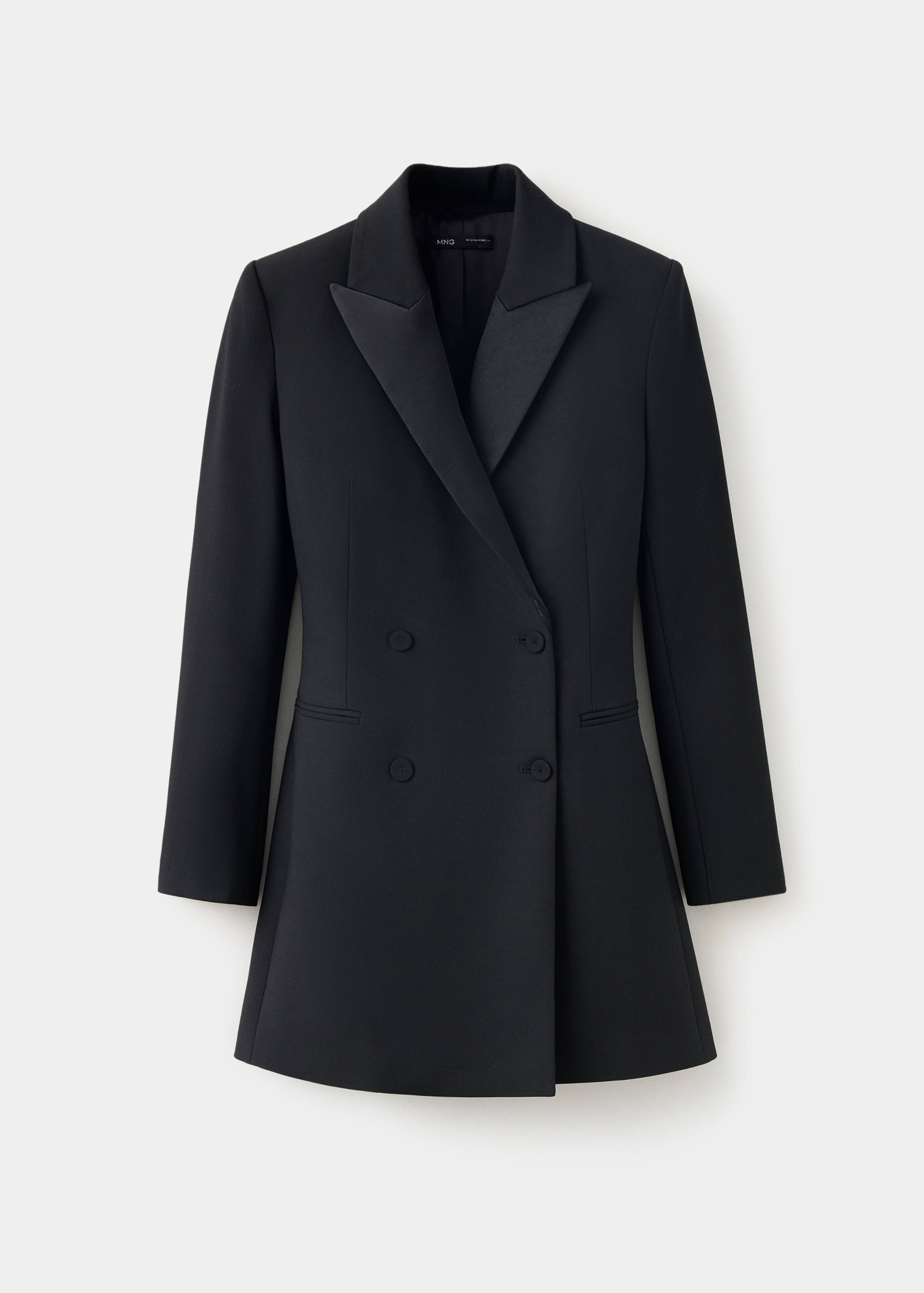 Black double-breasted blazer dress with satin peak lapels.