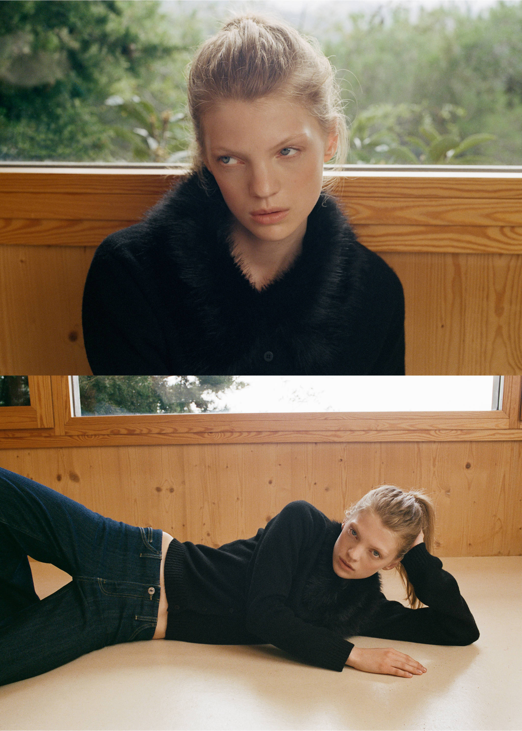 Black cardigan with a plush faux-fur collar, shown in a close-up and full-length view., Black. Ref: 37049135-00.