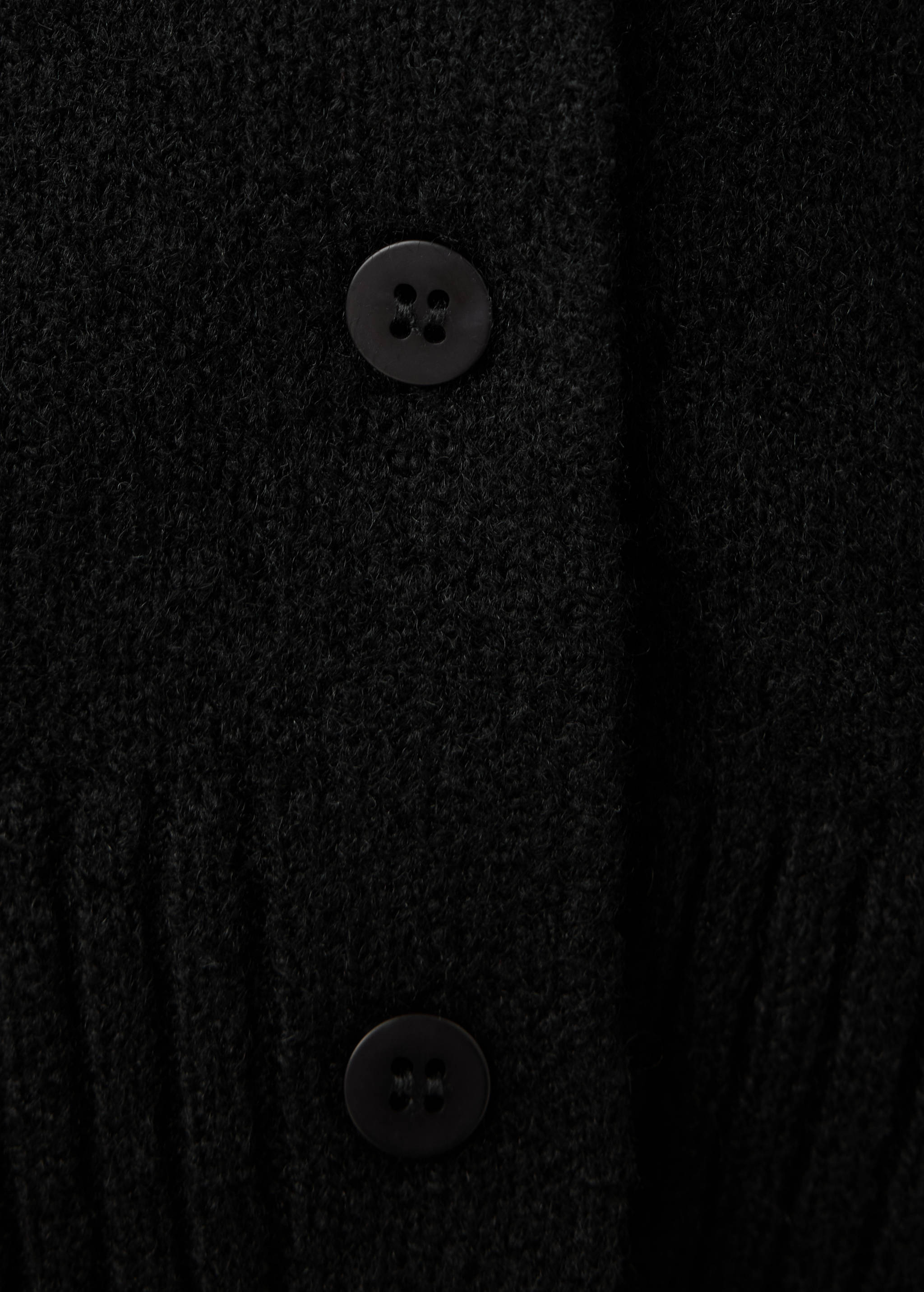 Close-up of black cardigan buttons and textured knit.