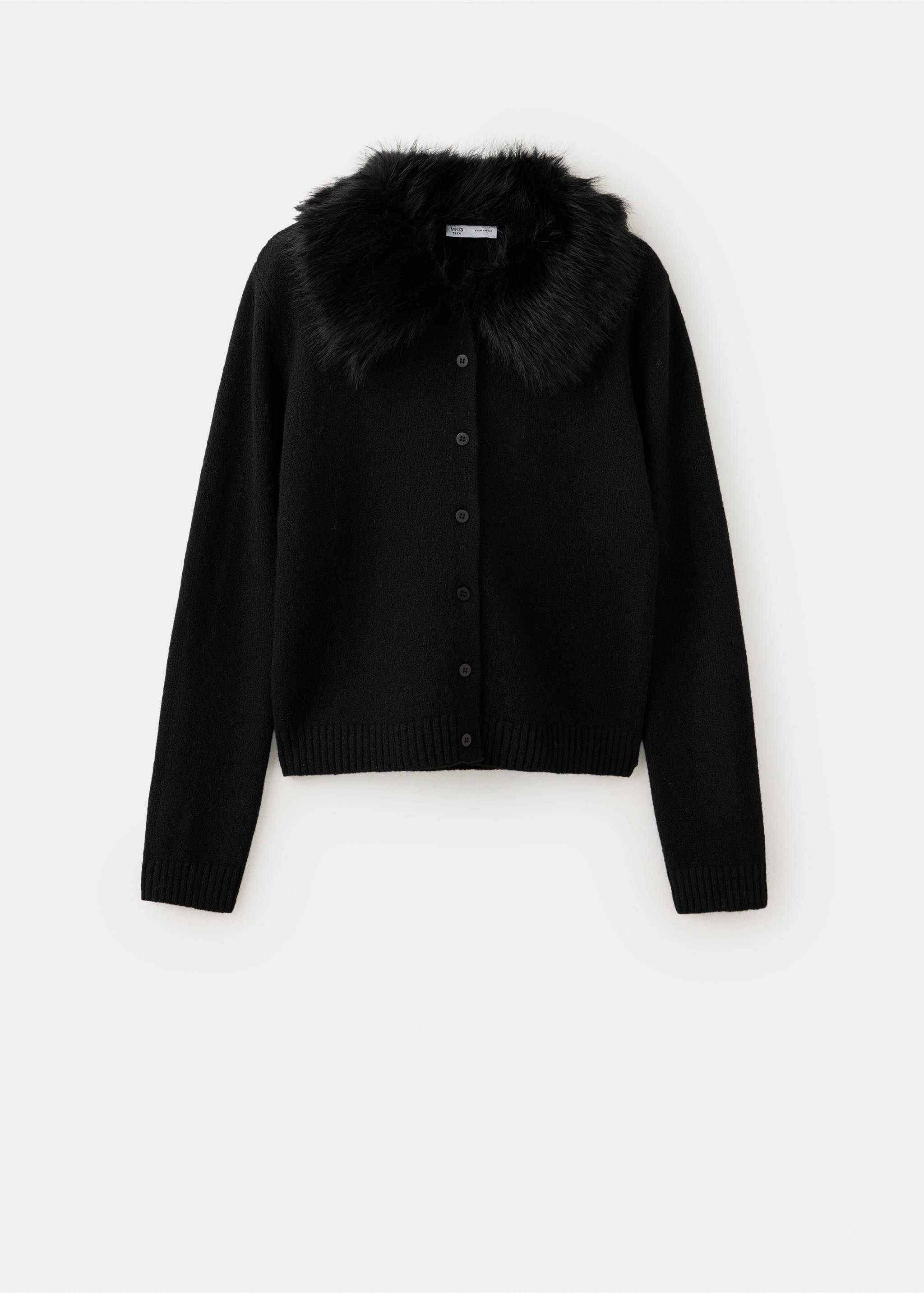 Black knit cardigan with a plush faux-fur collar and button fastening., Black. Ref: 37049135-00.