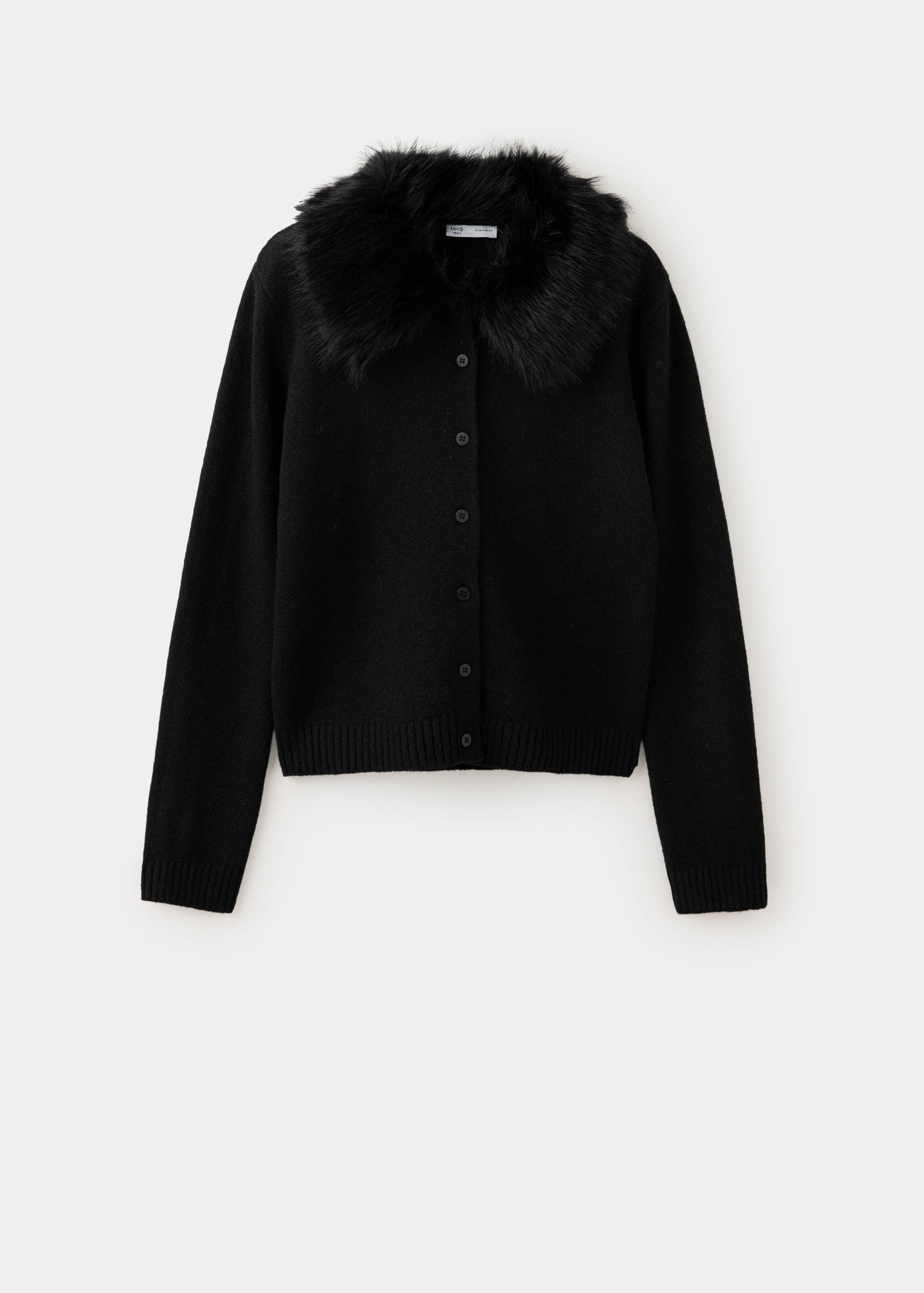 Black knit cardigan with a plush faux-fur collar and button fastening.
