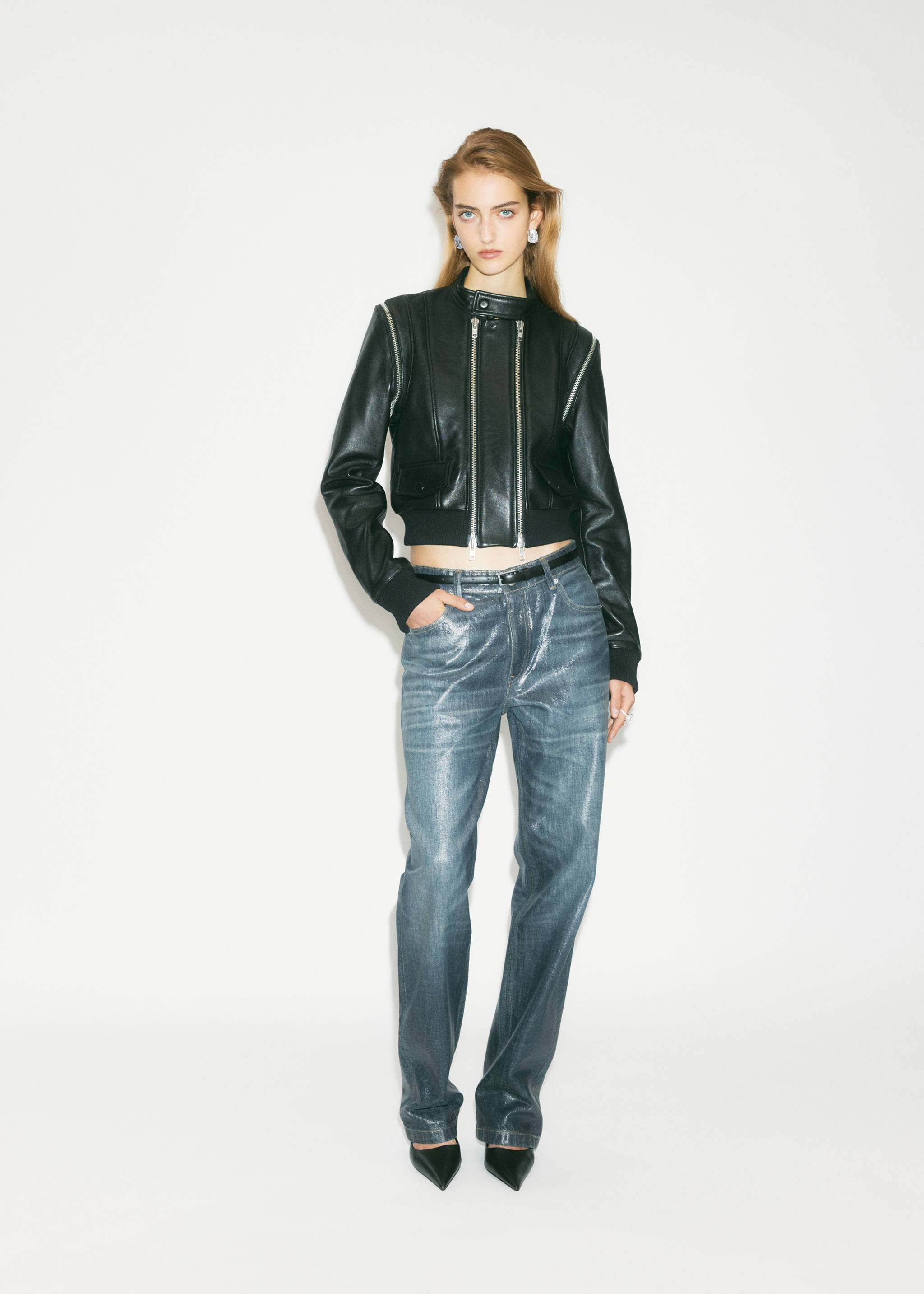 Black cropped leather jacket with asymmetric zip and ribbed hem.