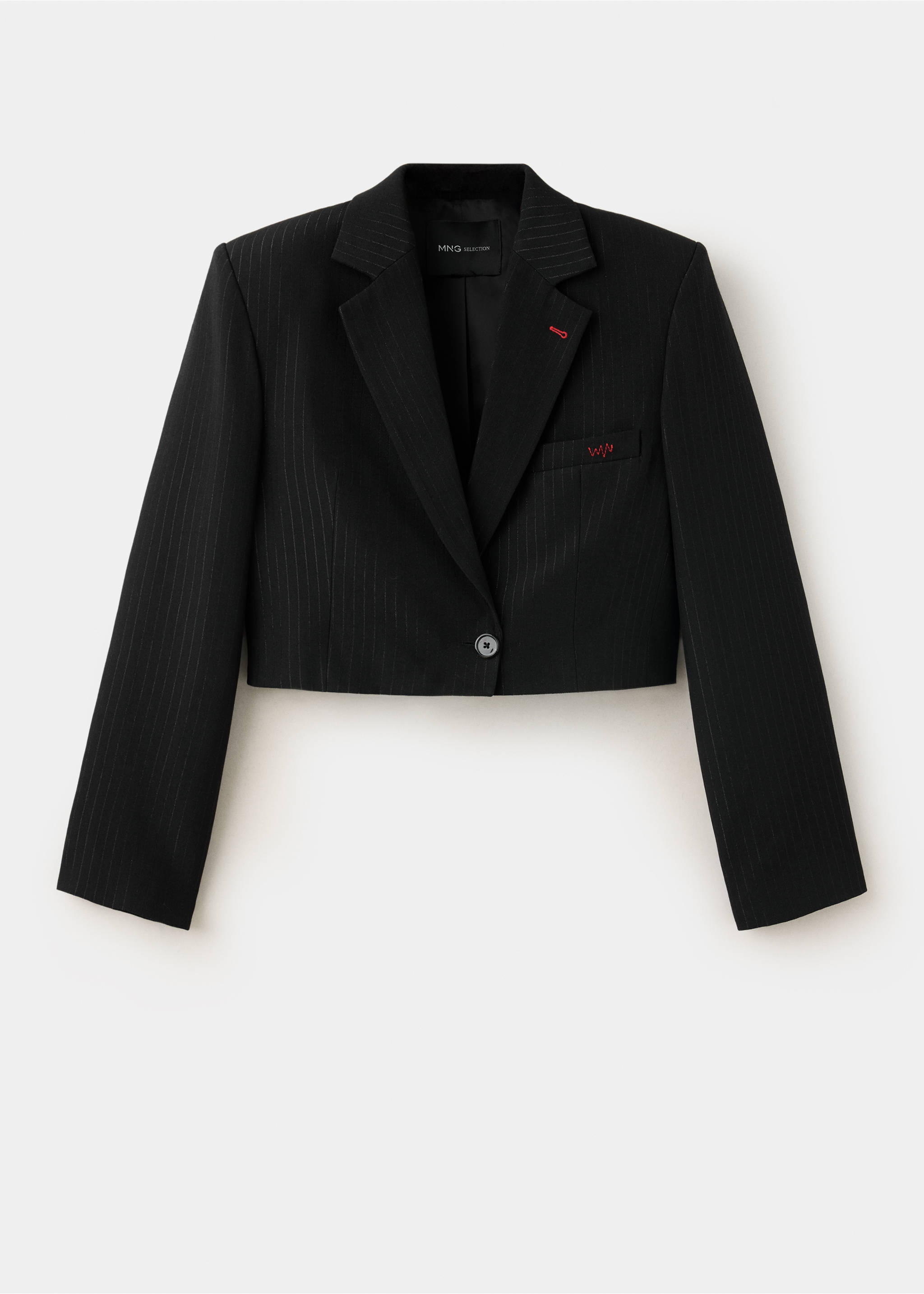 Black cropped pinstripe blazer with red stitching details., Black. Ref: 37049144-00.