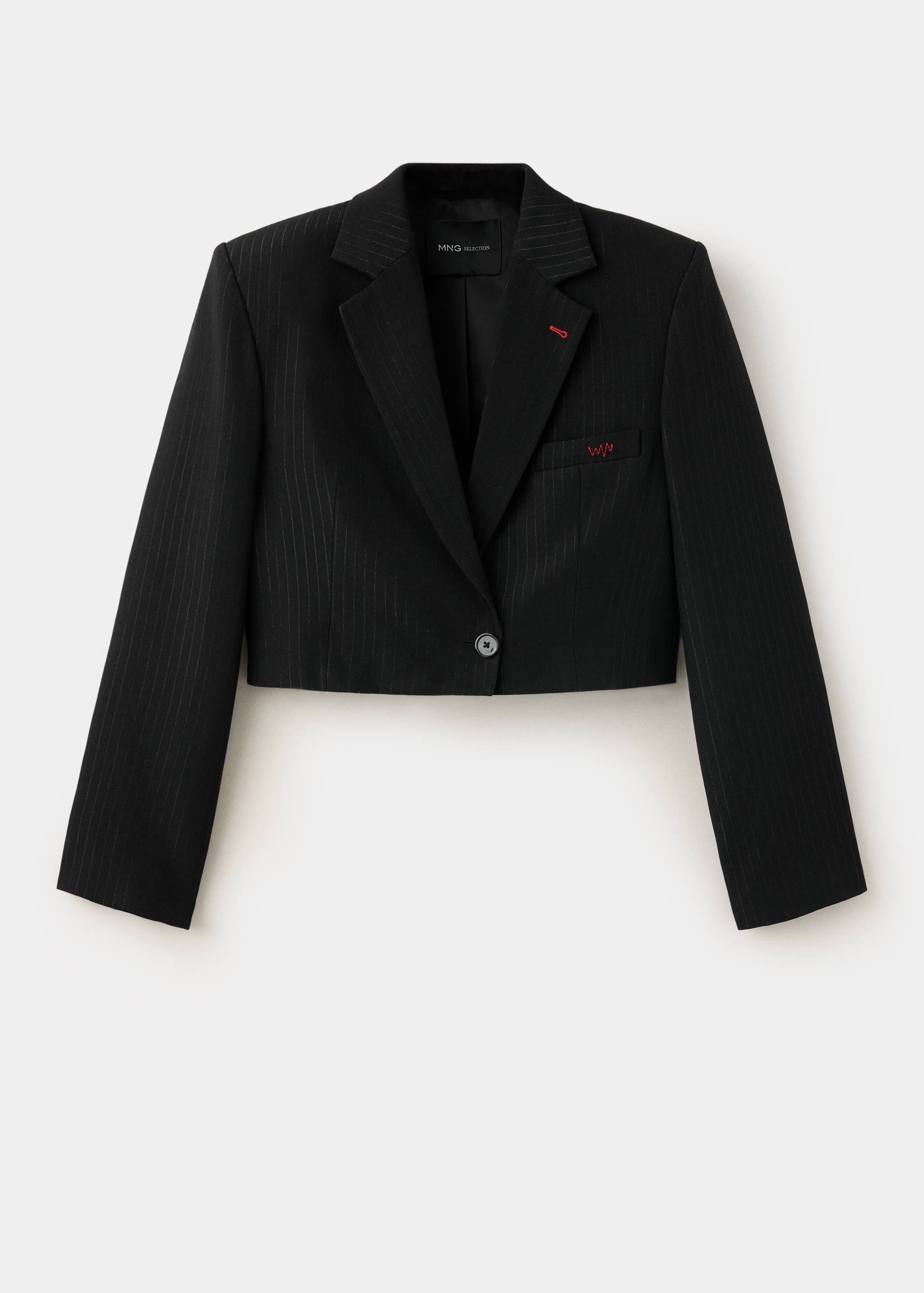 Black cropped pinstripe blazer with red stitching details.