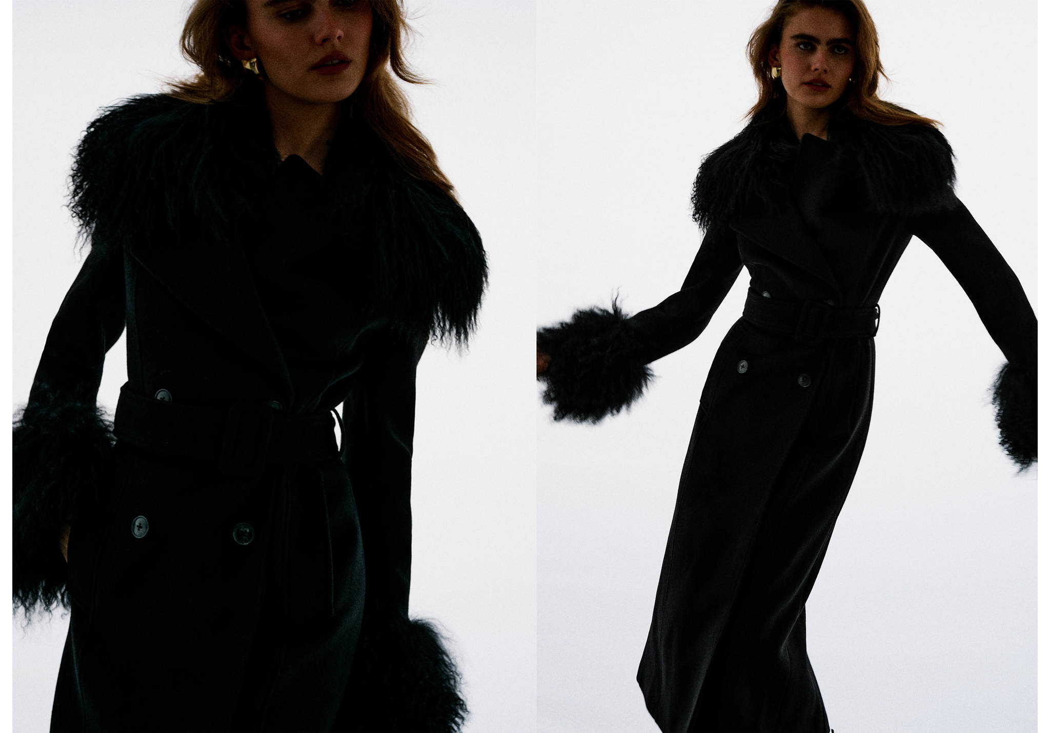 Black double-breasted coat with faux-fur collar and cuffs, belted at the waist.
