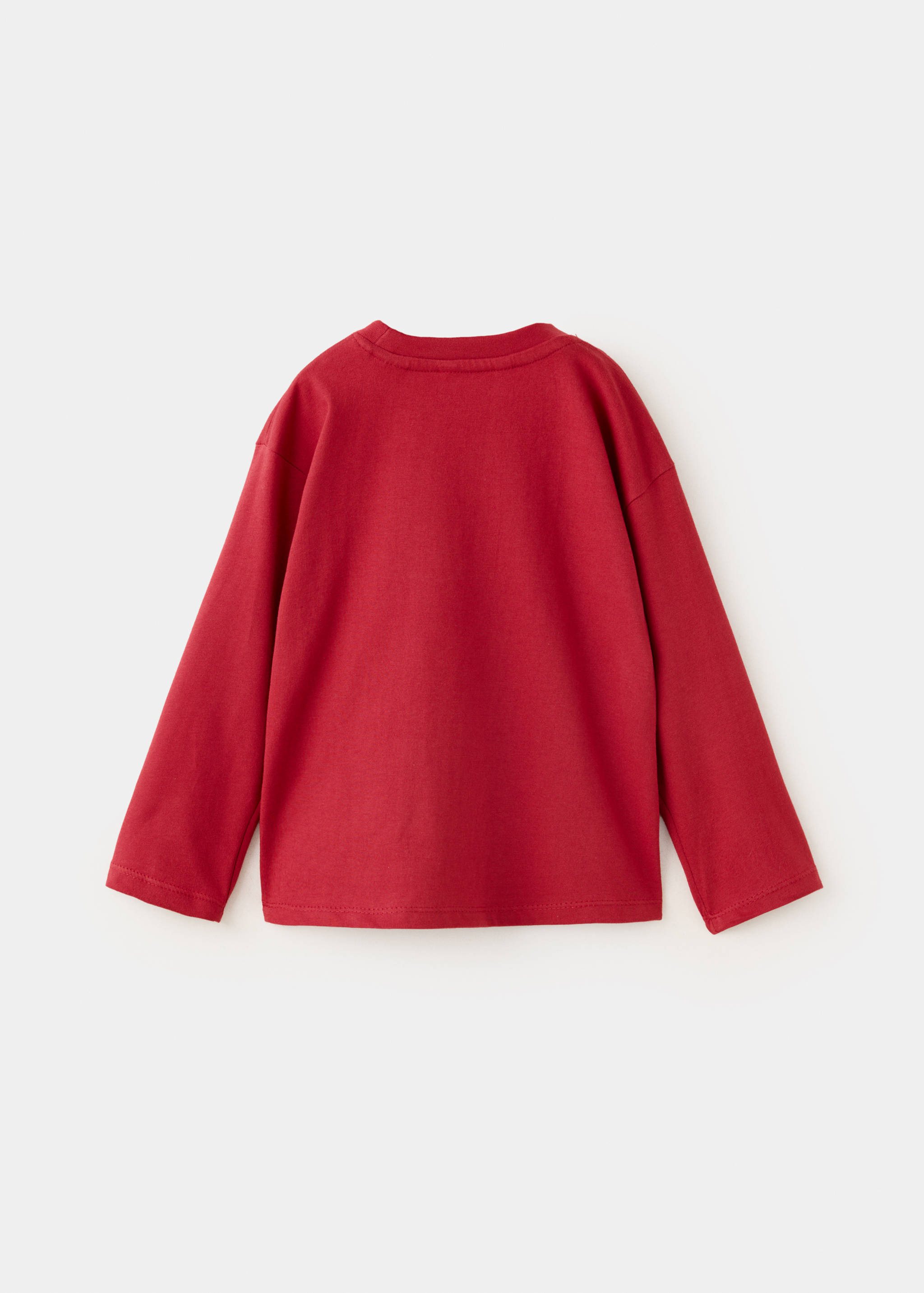 Red long-sleeve t-shirt shown from the back.