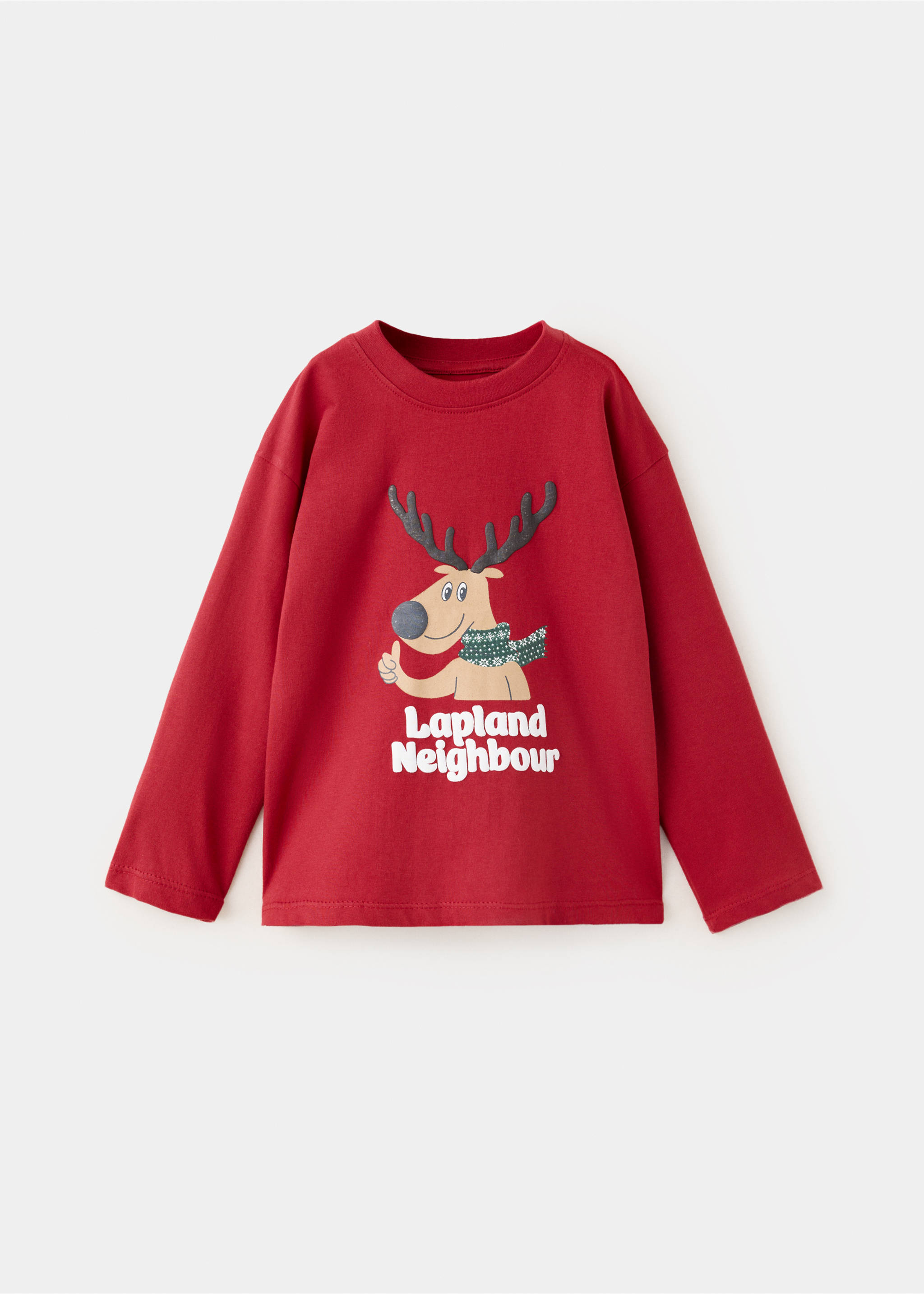 Red long-sleeve t-shirt with a cartoon reindeer graphic and text print., Medium Red. Ref: 37049209-00.