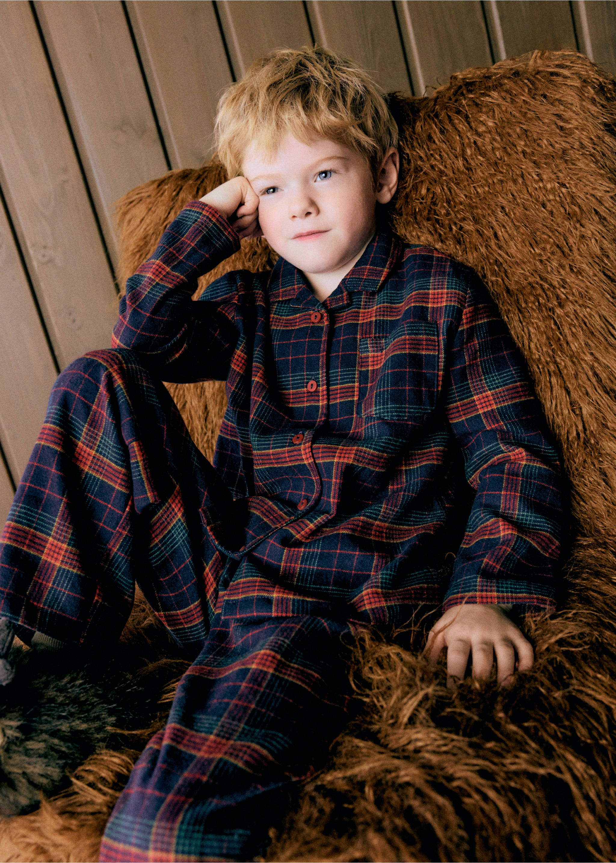 Kids' navy, red and green plaid pyjama set with button-down shirt and trousers., Navy. Ref: 37049211-00.