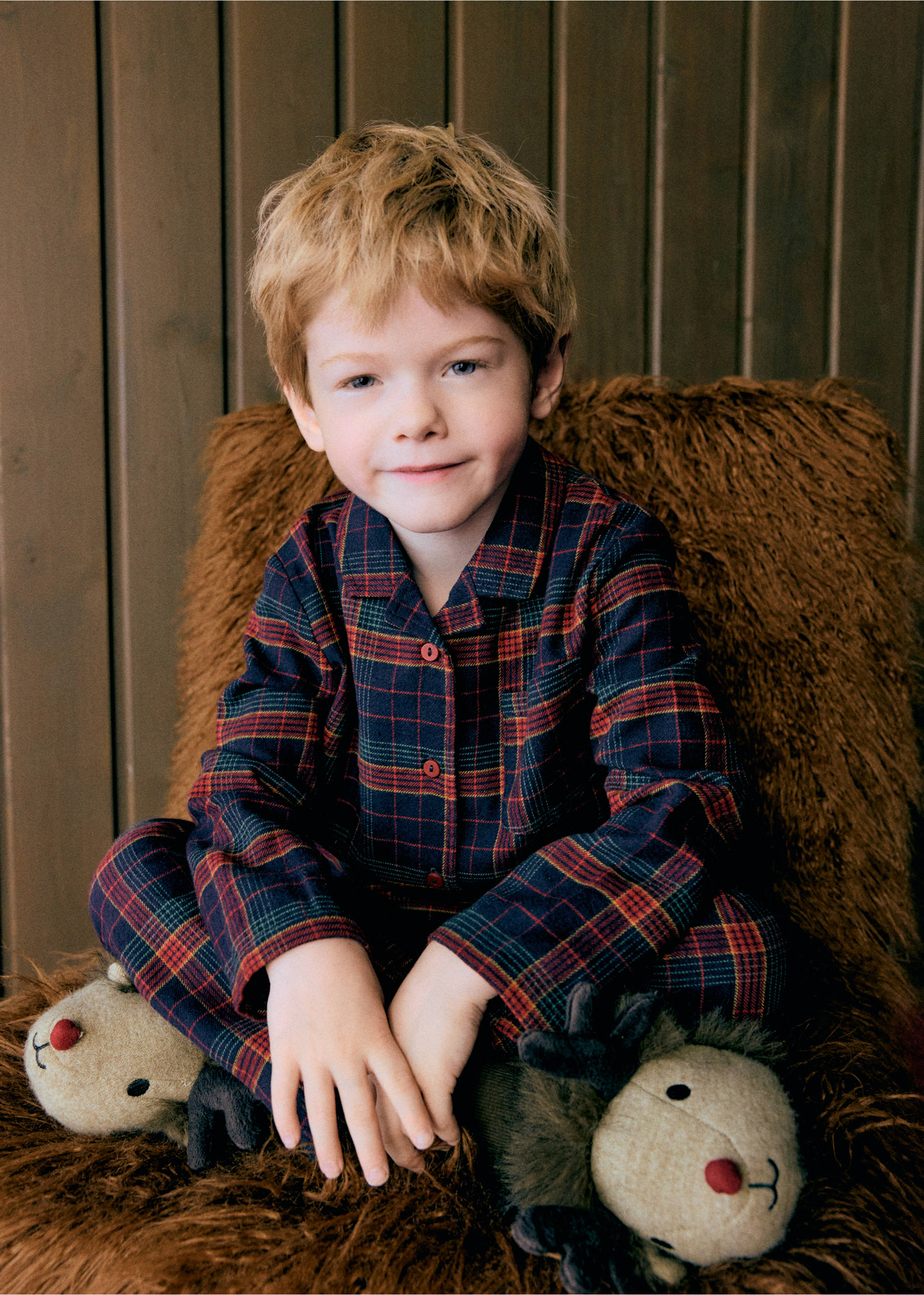 Kids' navy plaid pyjama set with button-up shirt and trousers., Navy. Ref: 37049211-00.