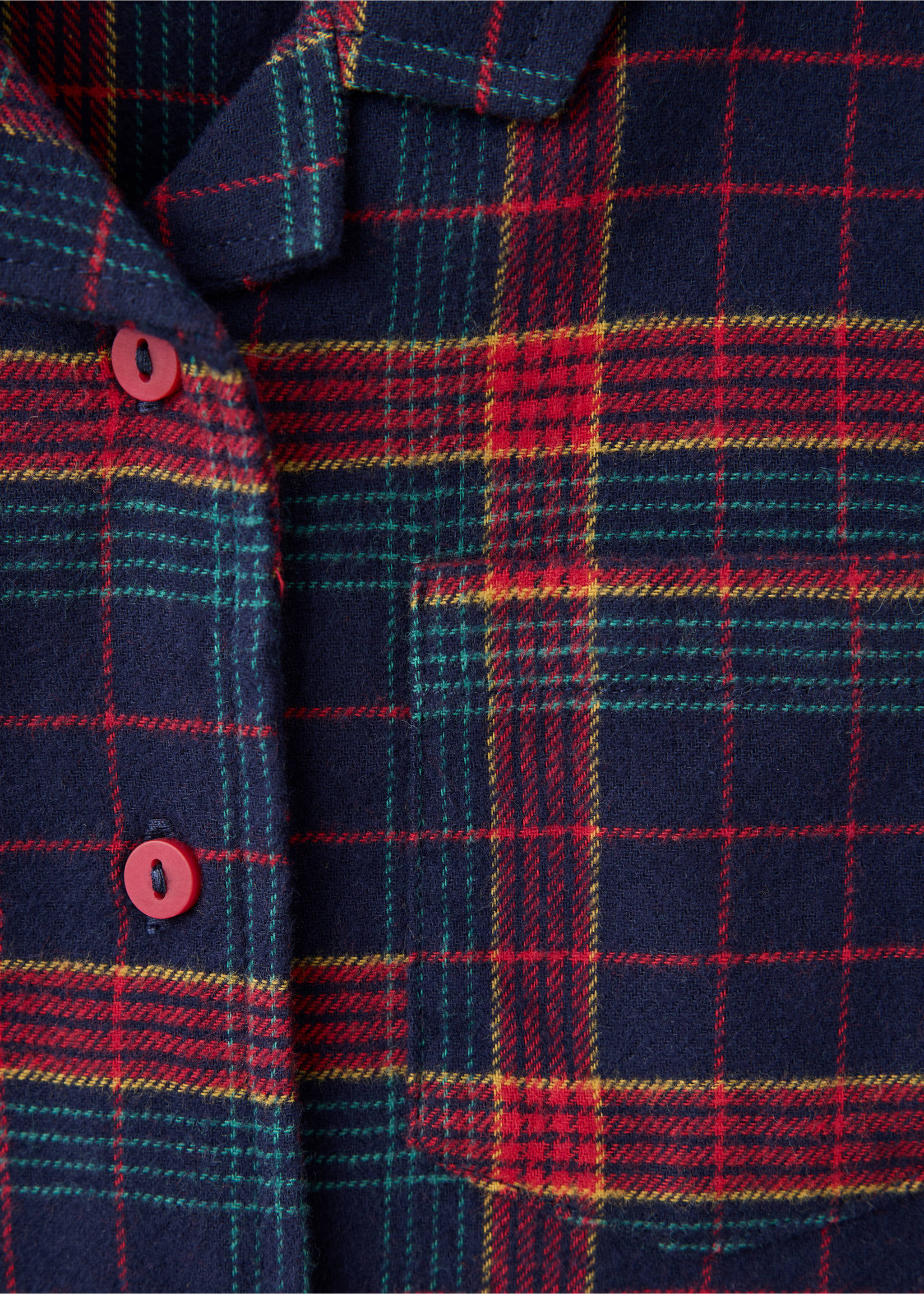 Close-up of a navy blue tartan pyjama set with red buttons., Navy. Ref: 37049211-00.