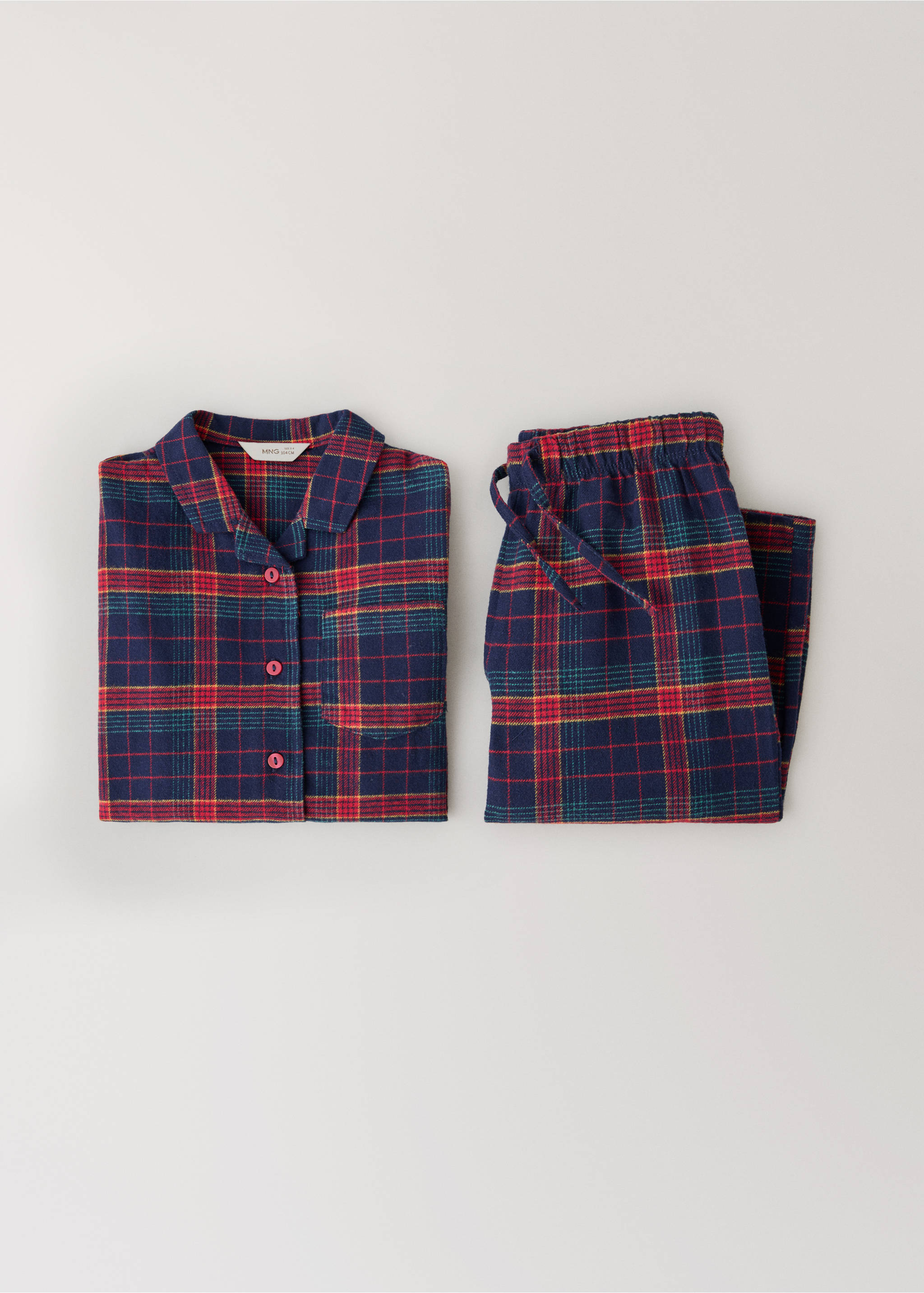 Kids' navy blue plaid flannel pyjama set with button-down shirt and trousers., Navy. Ref: 37049211-00.