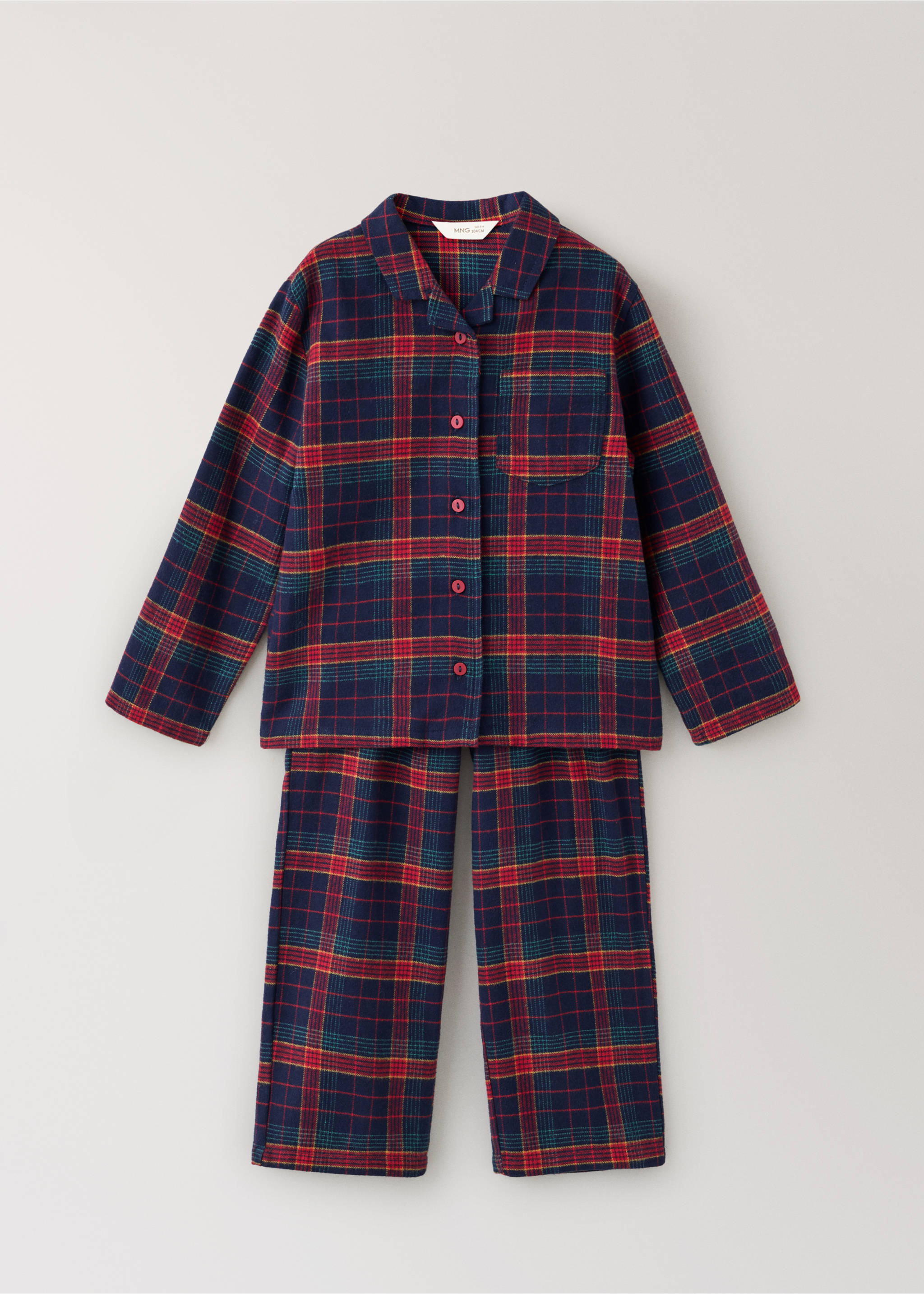 Kids' navy blue plaid check pyjama set with button-up shirt and trousers., Navy. Ref: 37049211-00.
