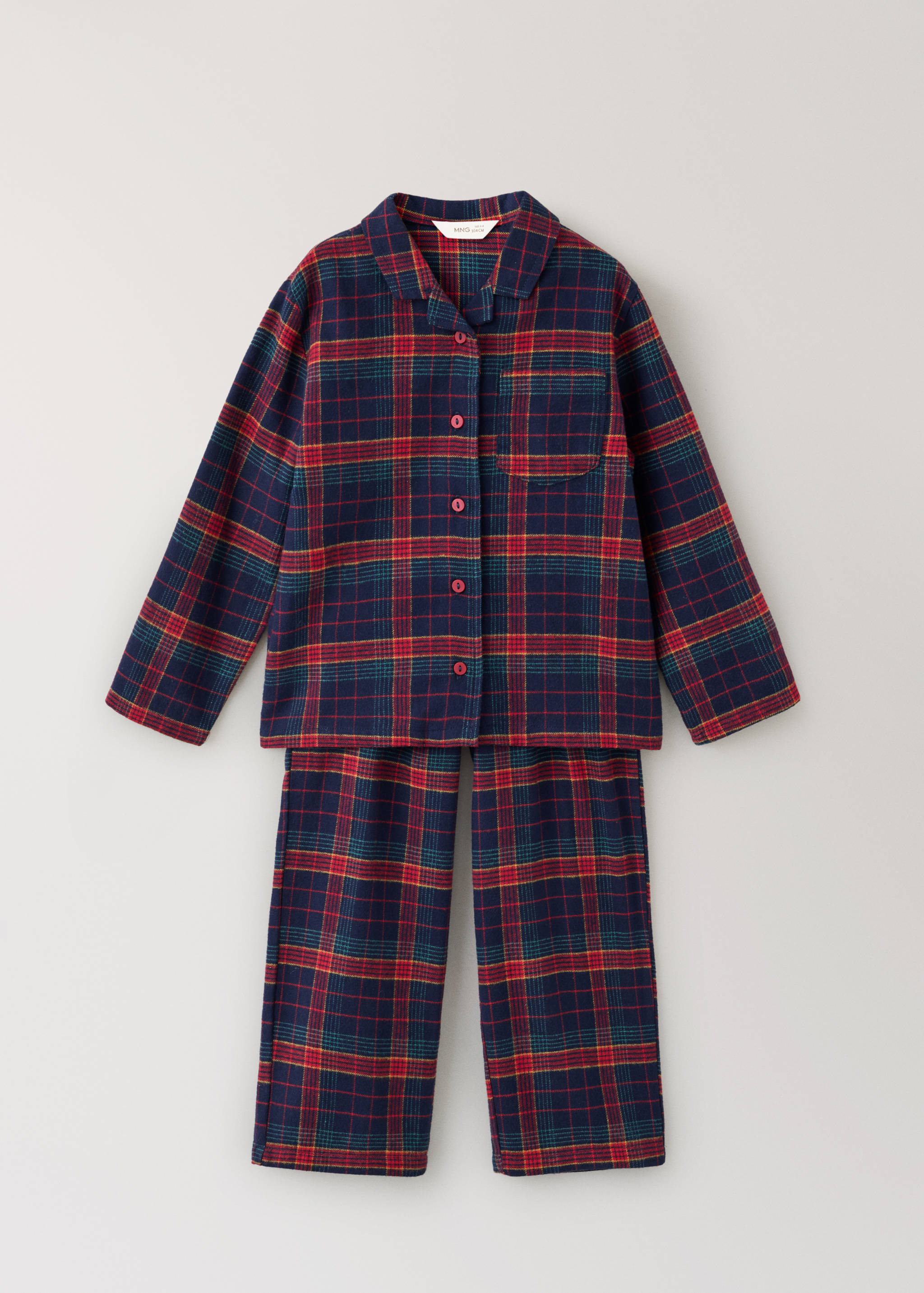 Kids' navy blue plaid check pyjama set with button-up shirt and trousers.