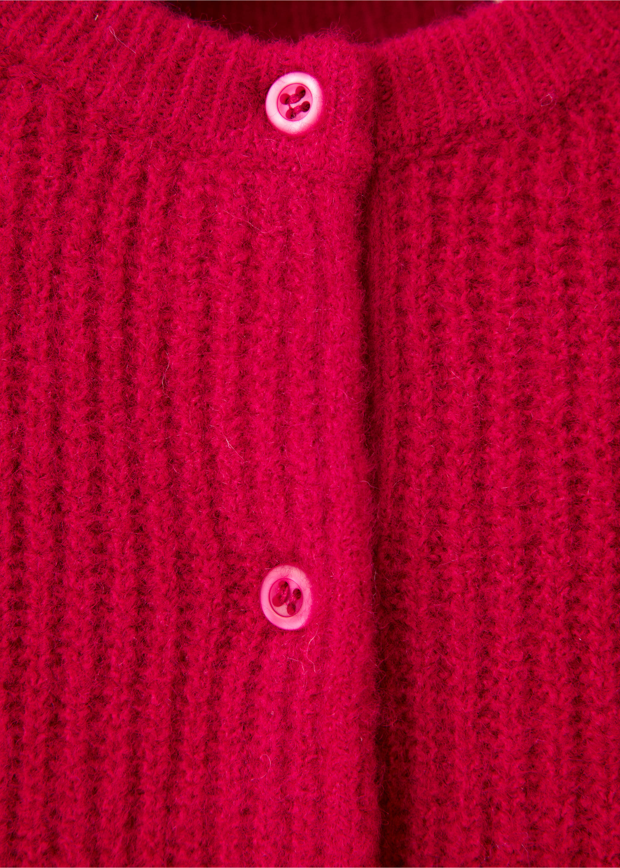 Bright pink knit cardigan close-up showing buttons, Red. Ref: 37049217-00.