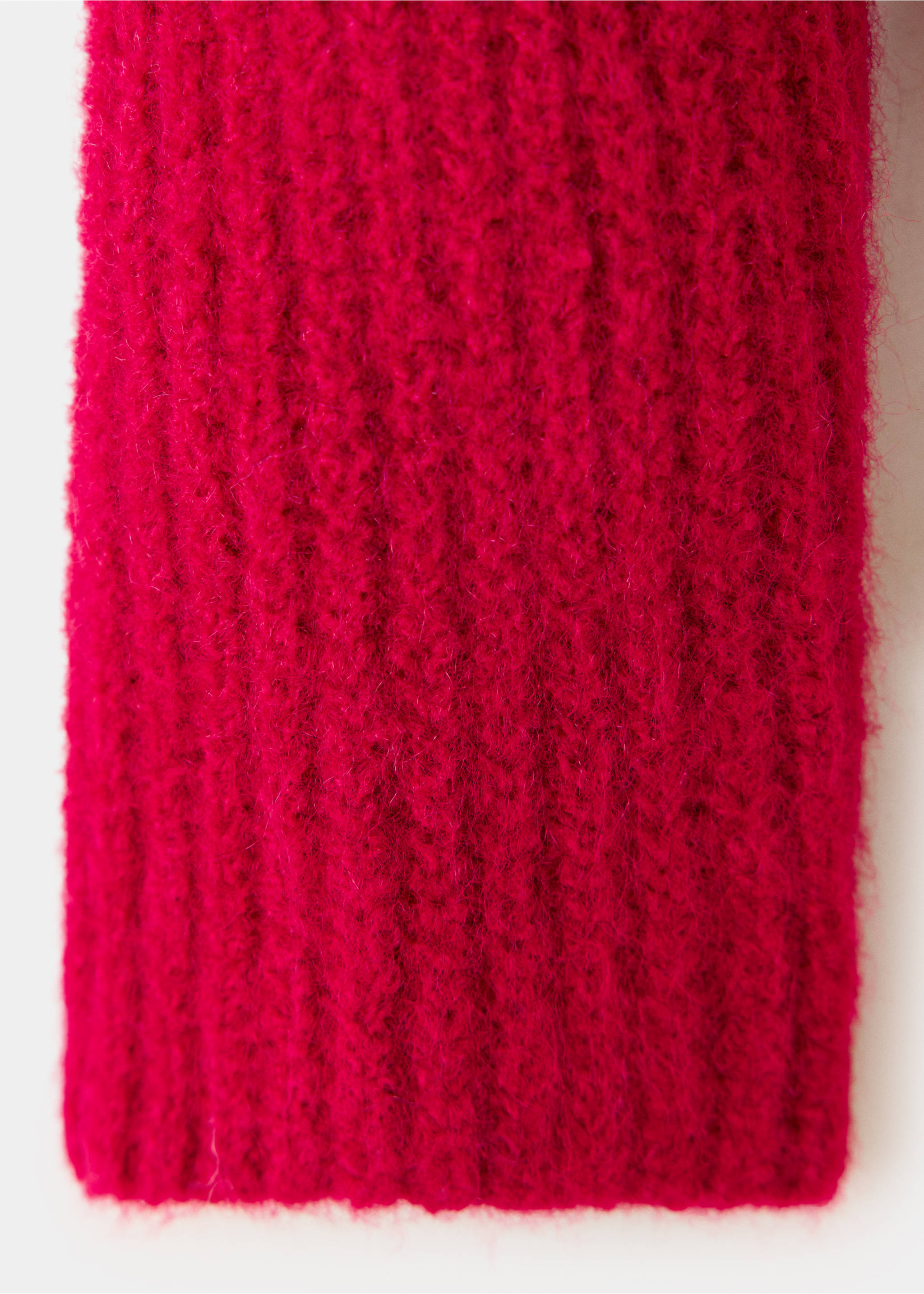Bright pink knit cardigan fabric detail showing fuzzy texture., Red. Ref: 37049217-00.