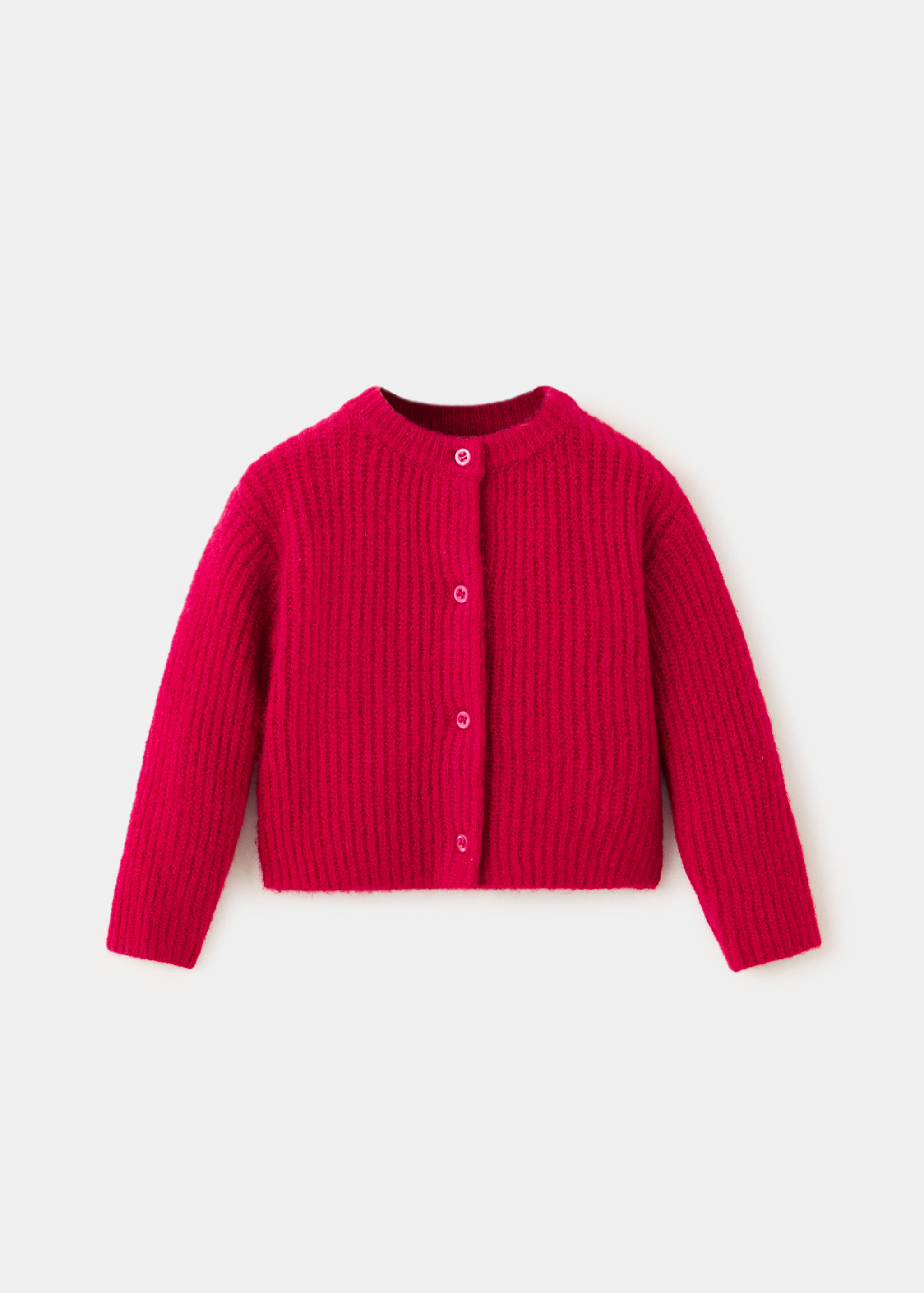Bright pink knit cardigan with a crew neckline and front buttons.