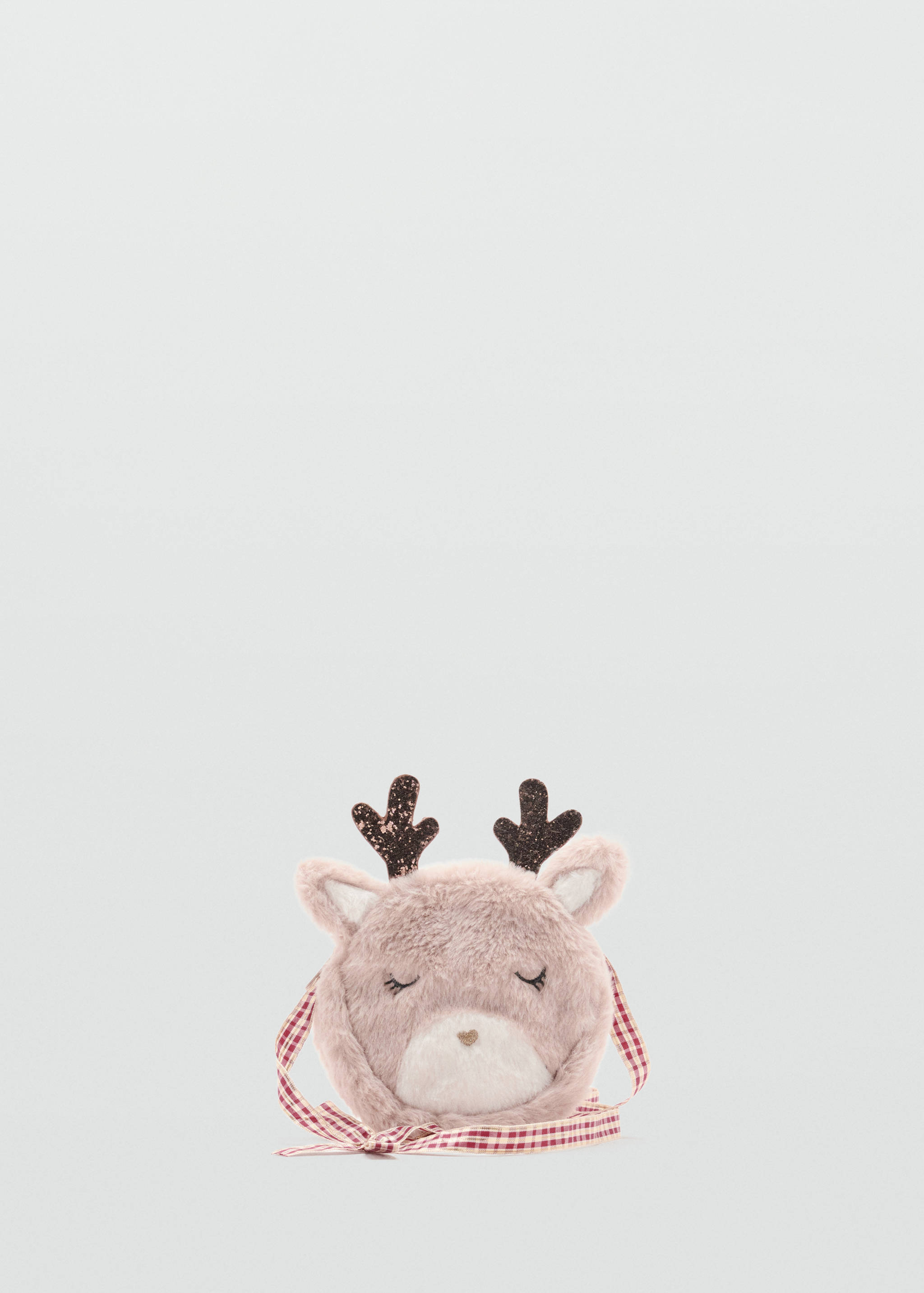 Pink faux-fur reindeer mini bag with gingham strap.