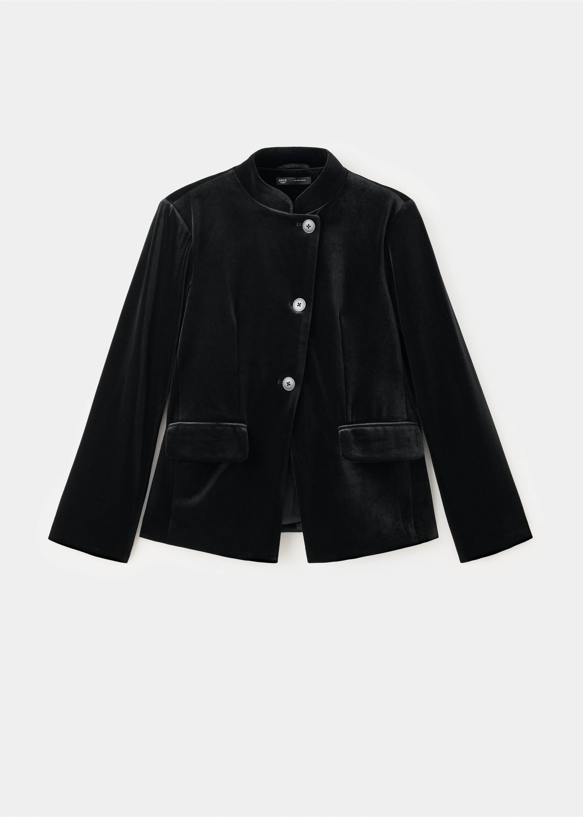 Black velvet blazer with a band collar and asymmetric buttons., Black. Ref: 37049221-00.