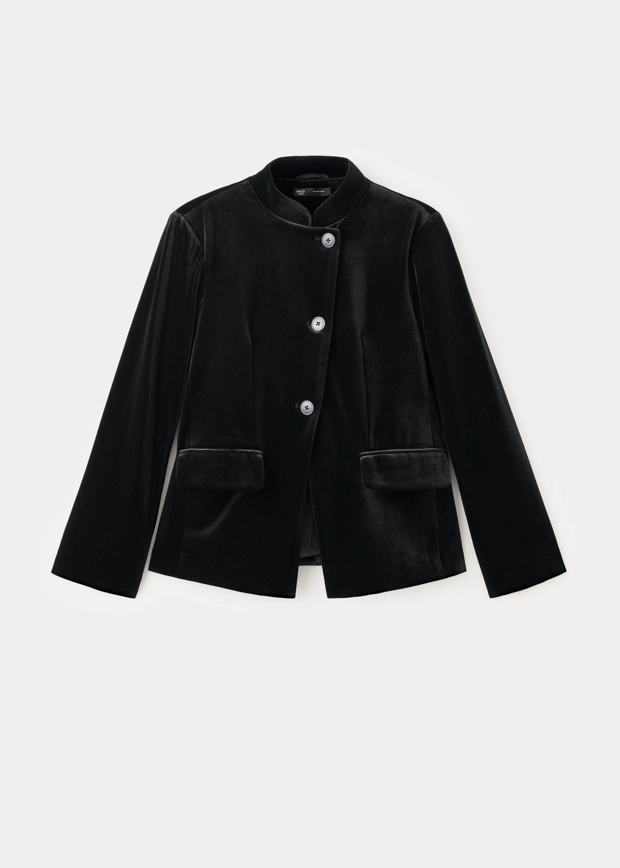 Black velvet blazer with a band collar and asymmetric buttons.