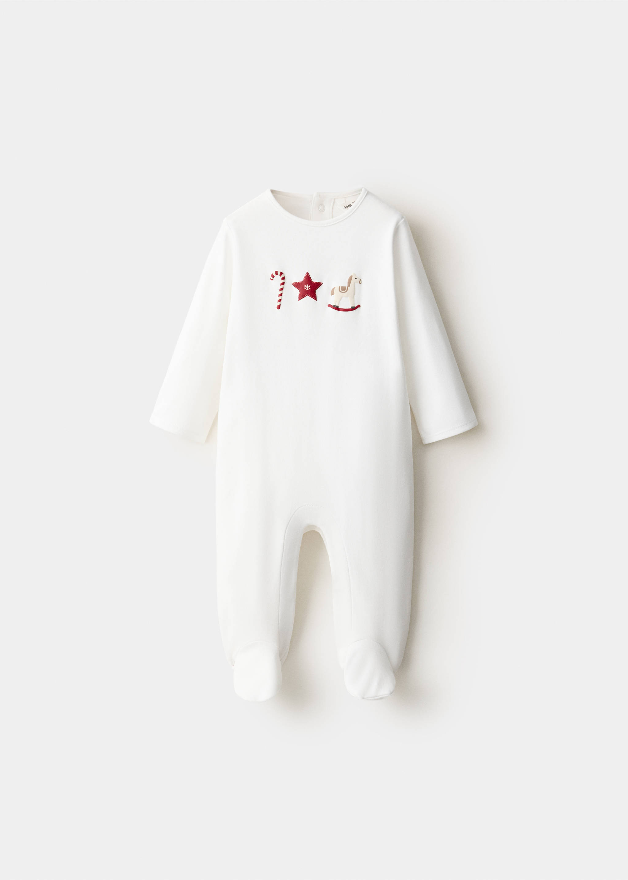 White baby pyjama with long sleeves, integrated feet, and embroidered Christmas motifs on the chest., Off White. Ref: 37049223-00.