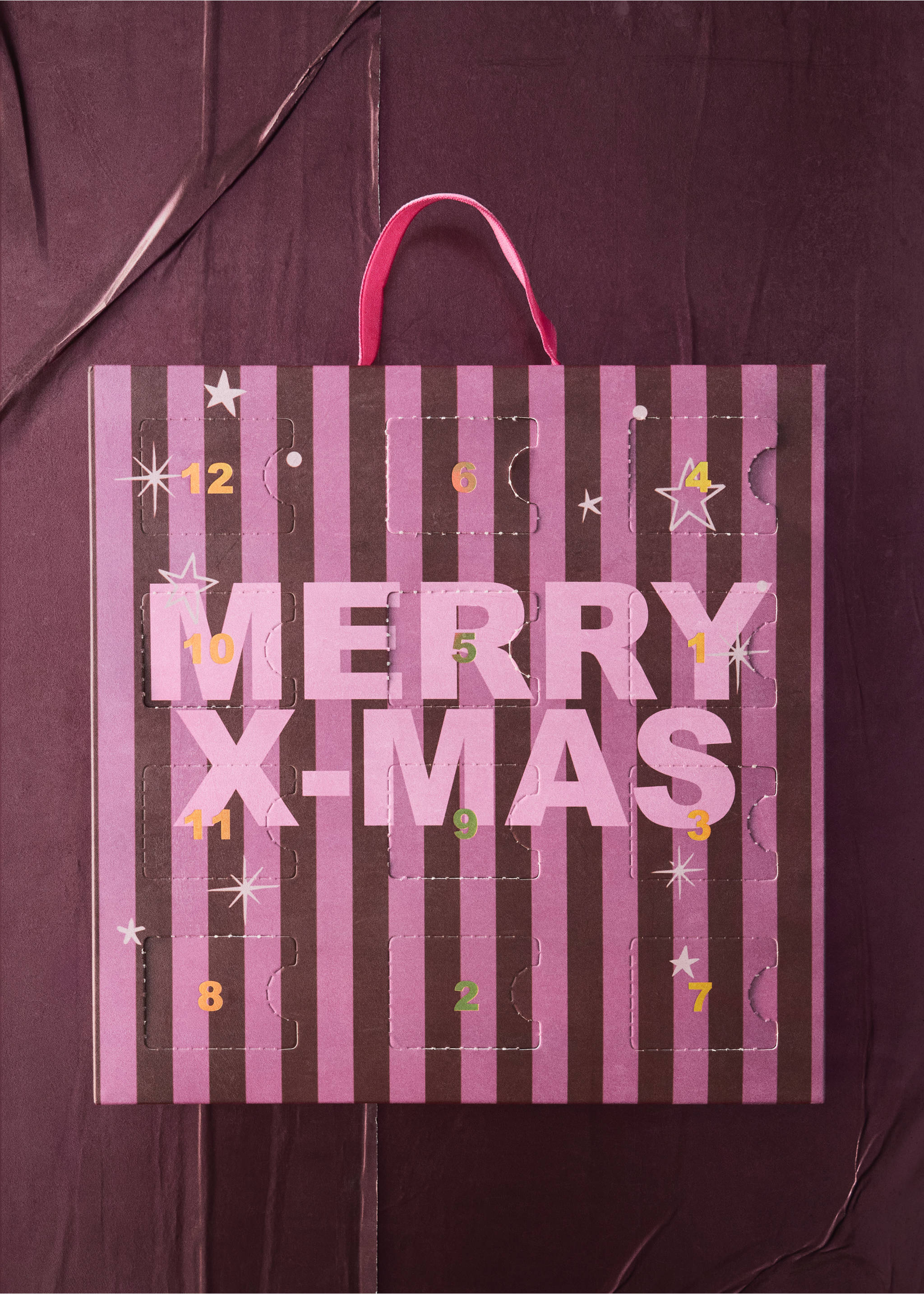 Purple and brown striped advent calendar bag with MERRY X-MAS text., Pink. Ref: 37049224-00.