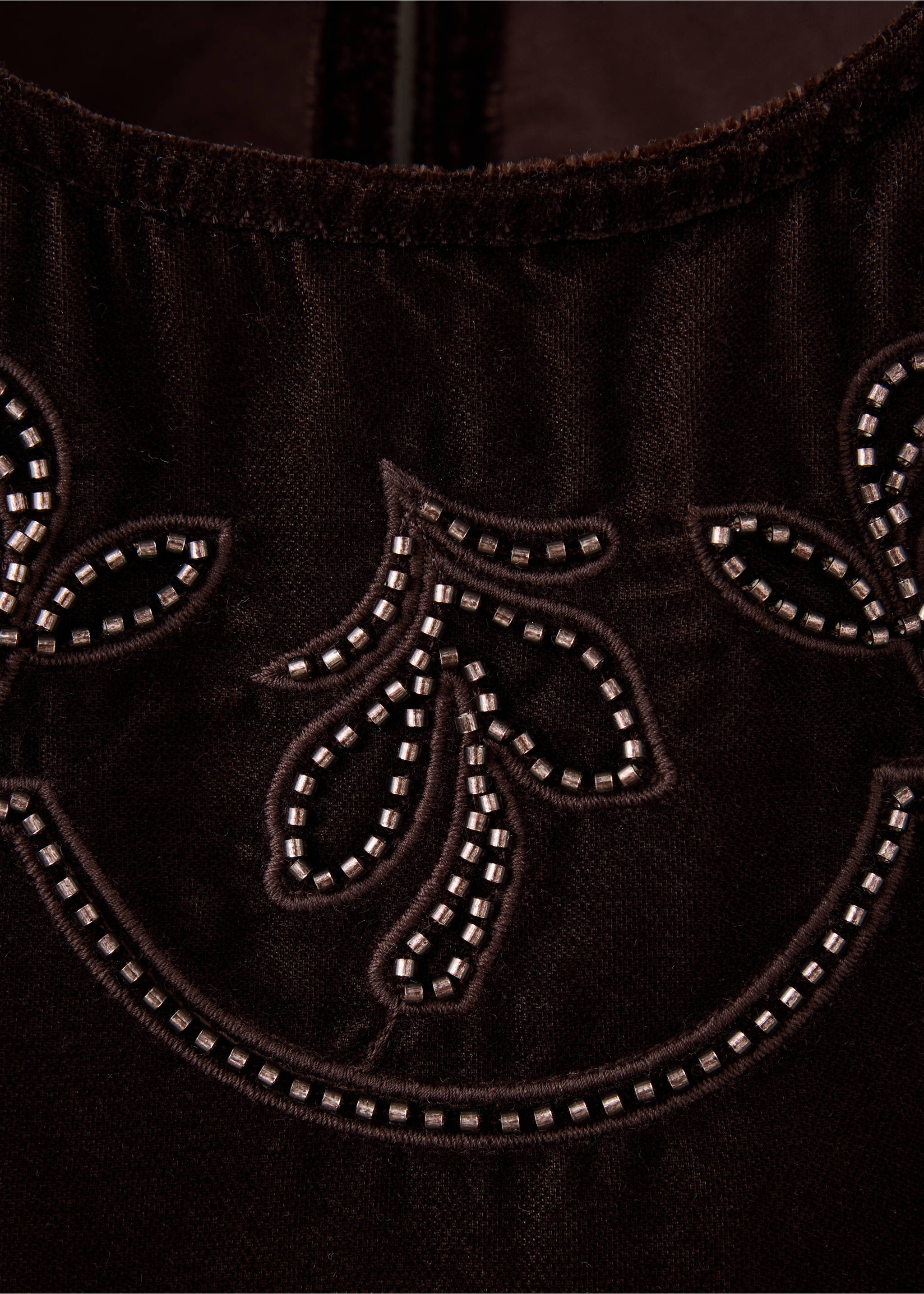 Close-up of a dark brown velvet blouse featuring beaded embroidery., Burgundy. Ref: 37049404-00.