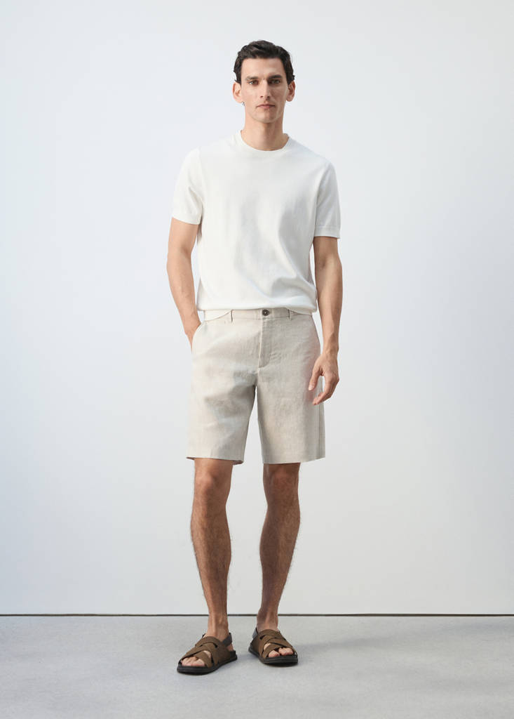 Slim-fit 100% linen bermuda shorts — Ecru