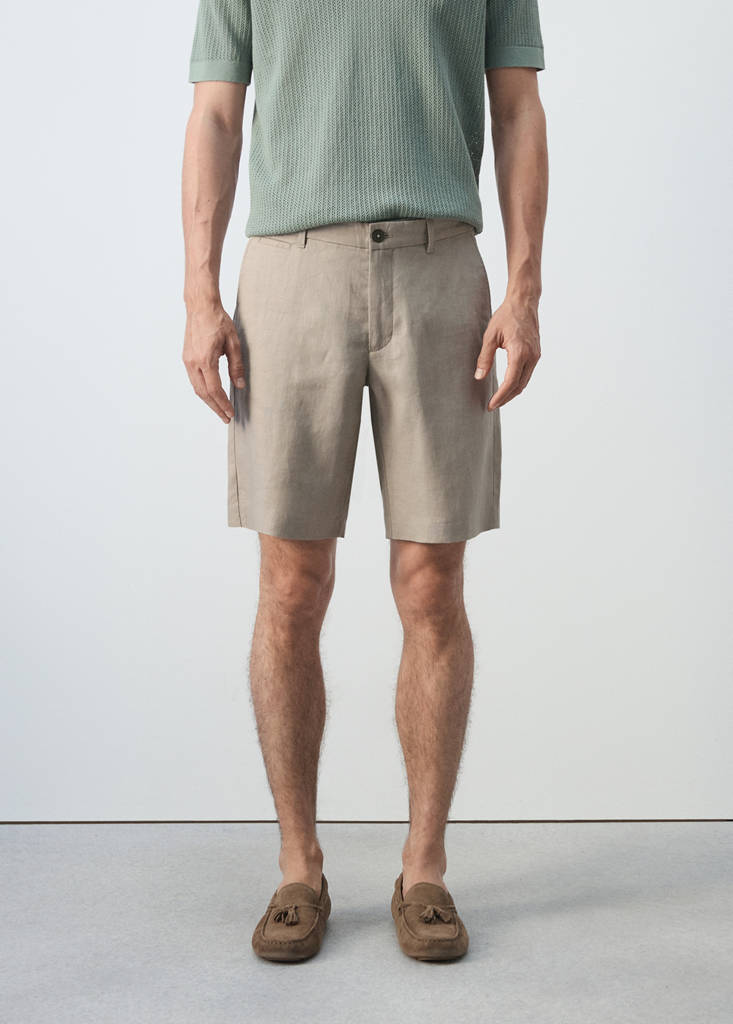 Slim-fit 100% linen bermuda shorts — Medium Brown