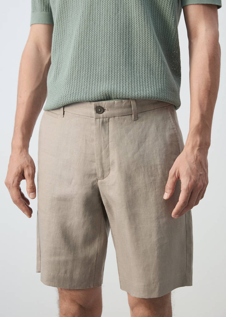 Slim-fit 100% linen bermuda shorts — Medium Brown