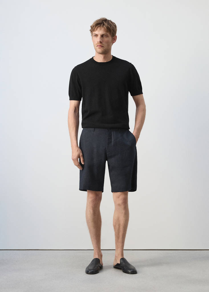 Slim-fit 100% linen bermuda shorts — Navy