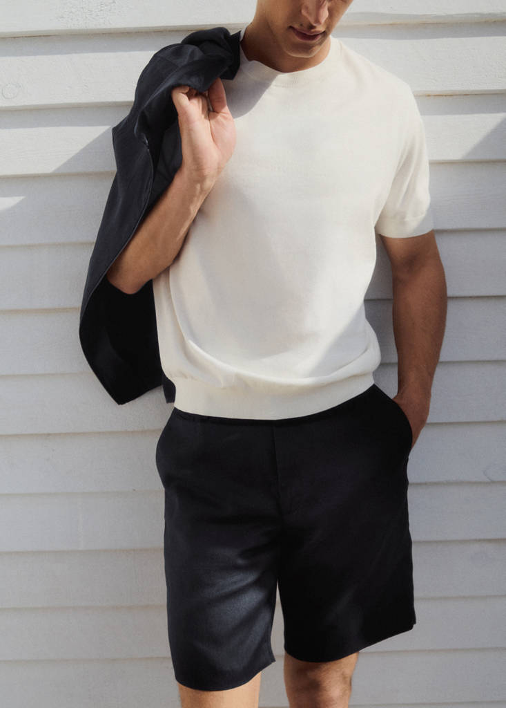 Slim-fit 100% linen bermuda shorts — Navy