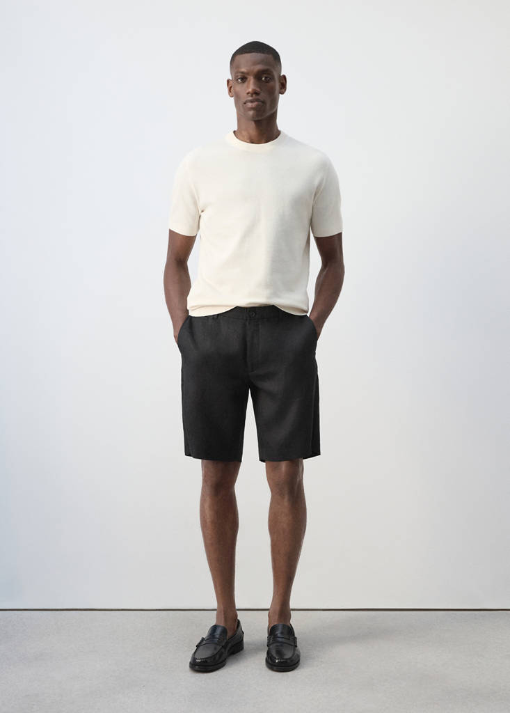 Slim-fit 100% linen bermuda shorts — Black