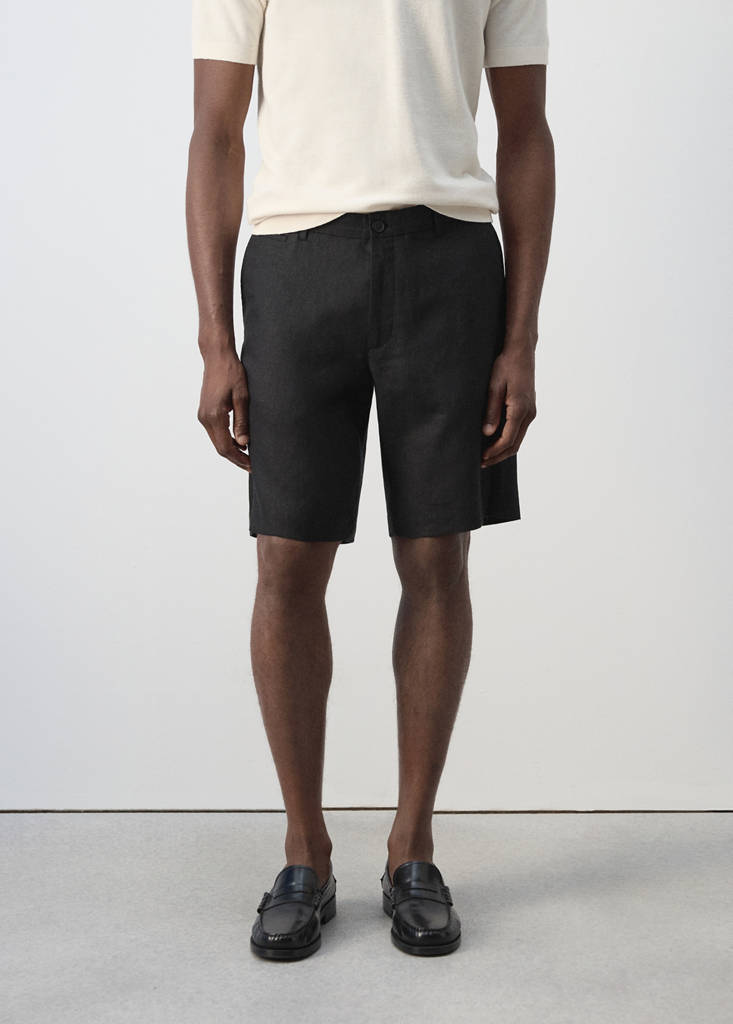 Slim-fit 100% linen bermuda shorts — Black