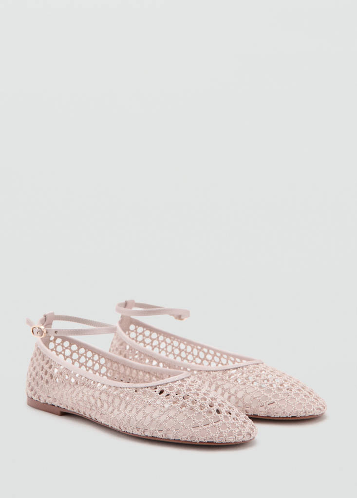 Mango Crocheted Ballet Flats With Ankle Strap In Pink