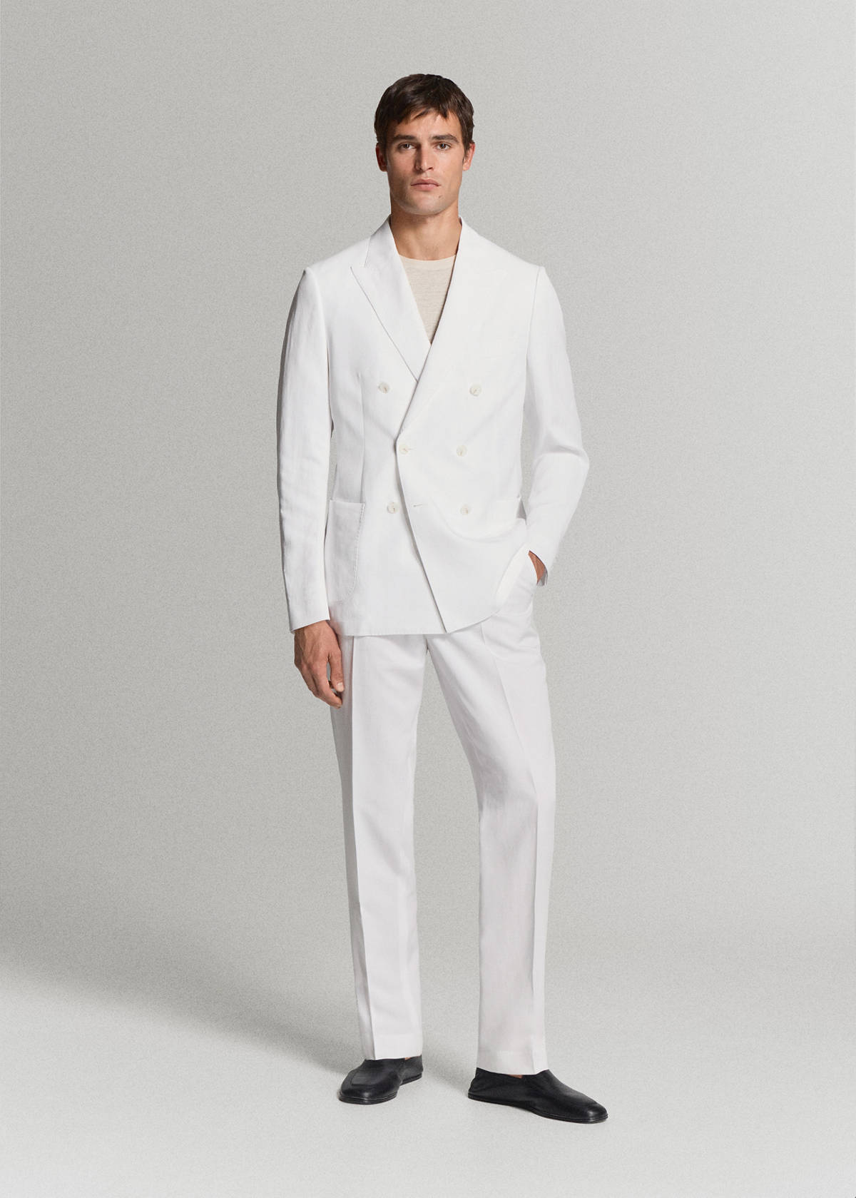 Double-breasted blazer in lyocell-linen mix — White