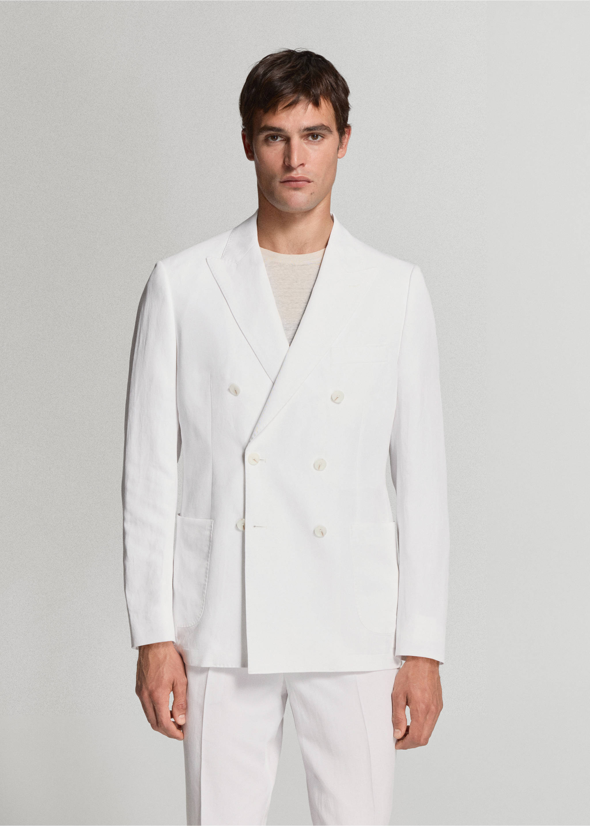 Veste costume croisée Lyocell lin - Plan moyen, Blanc. Ref: 37051358-01.