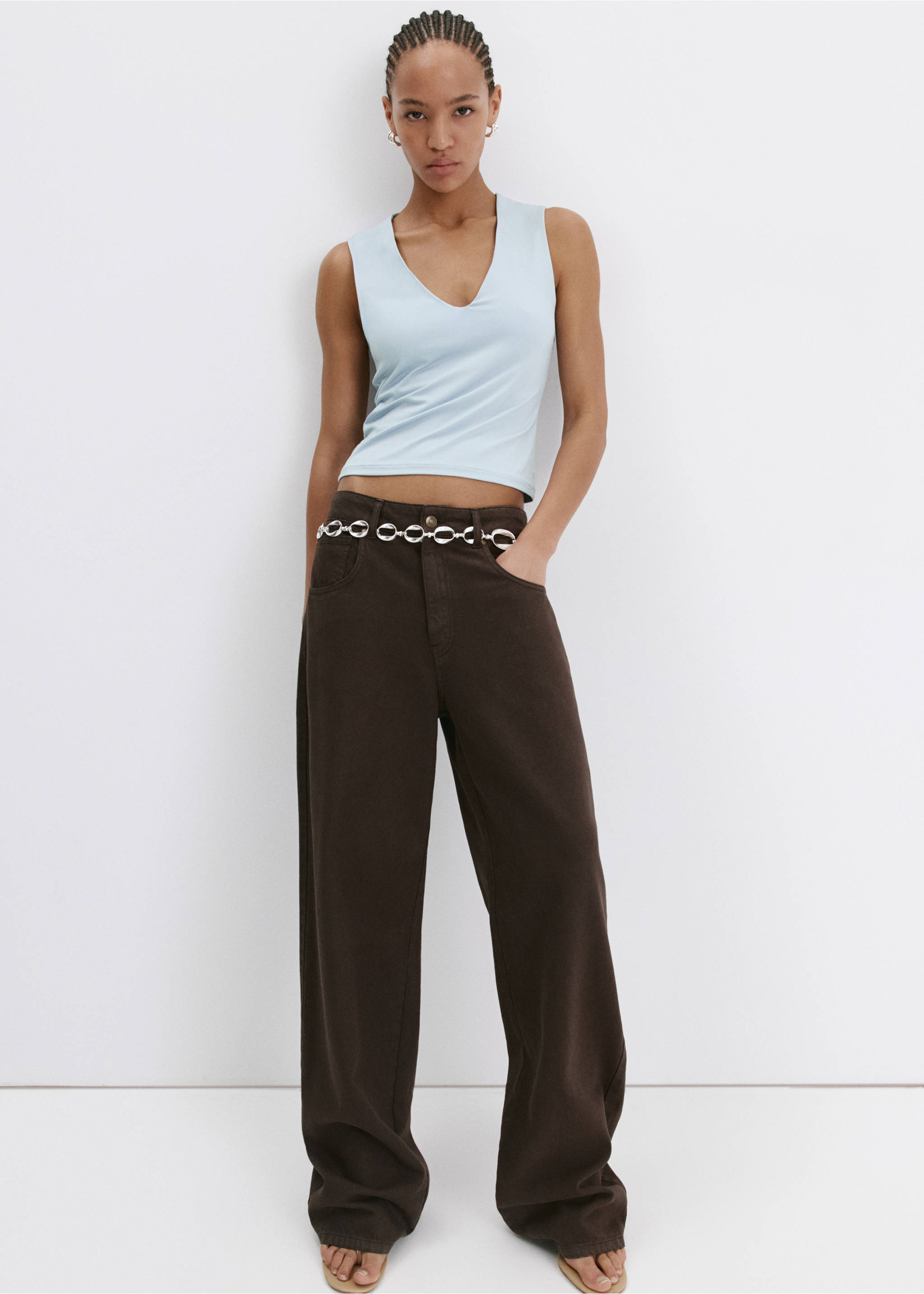 Fitted V-neck top - General plane, Sky Blue. Ref: 37051379-00.