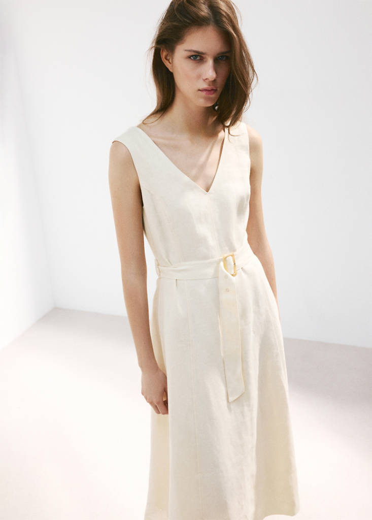 Linen midi-dress with belt — Ecru