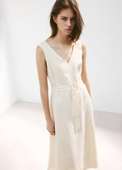 Linen midi-dress with belt — Ecru 1