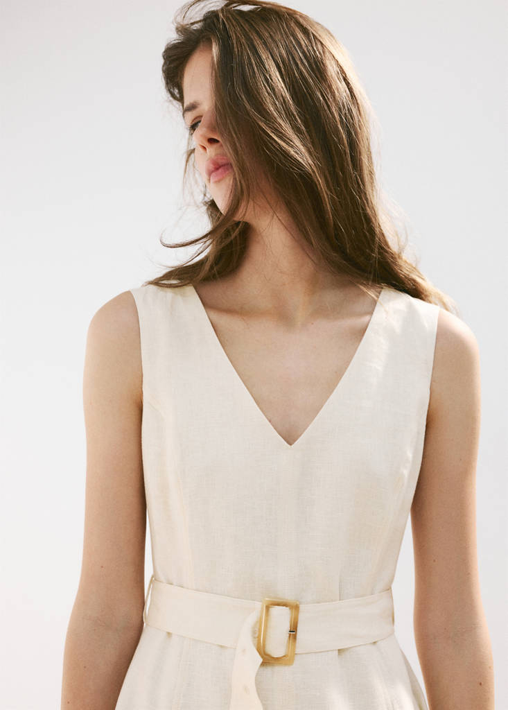 Linen midi-dress with belt — Ecru