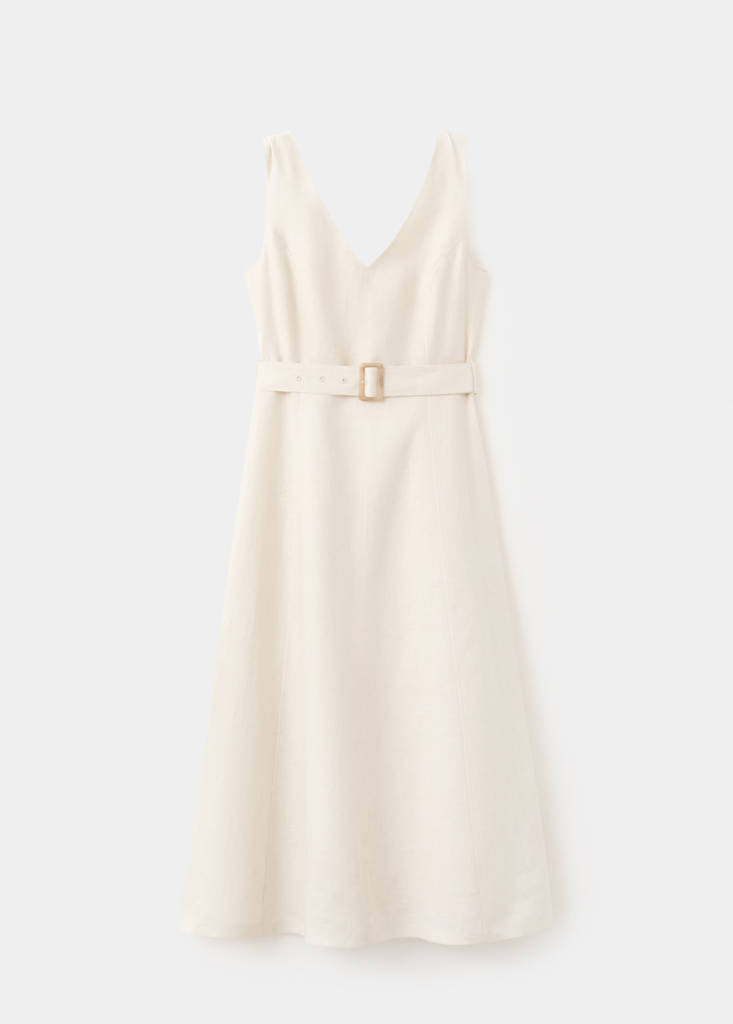 Linen midi-dress with belt — Ecru