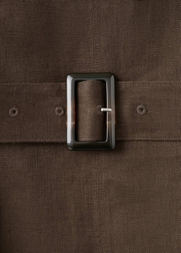 Linen midi-dress with belt — Chocolate
