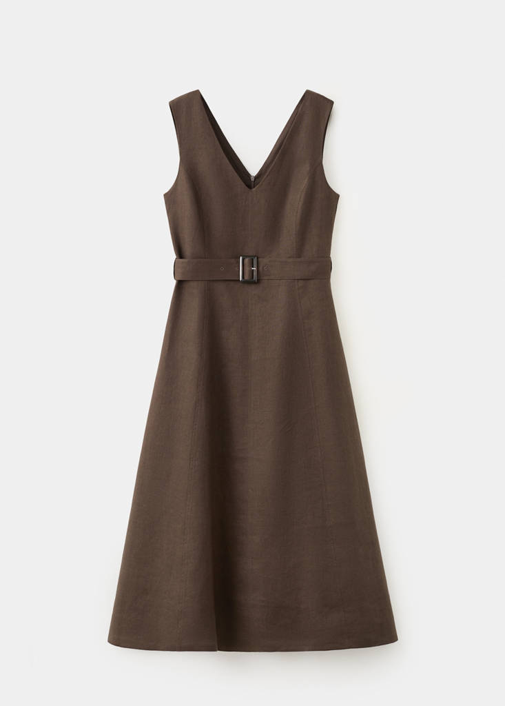 Linen midi-dress with belt — Chocolate